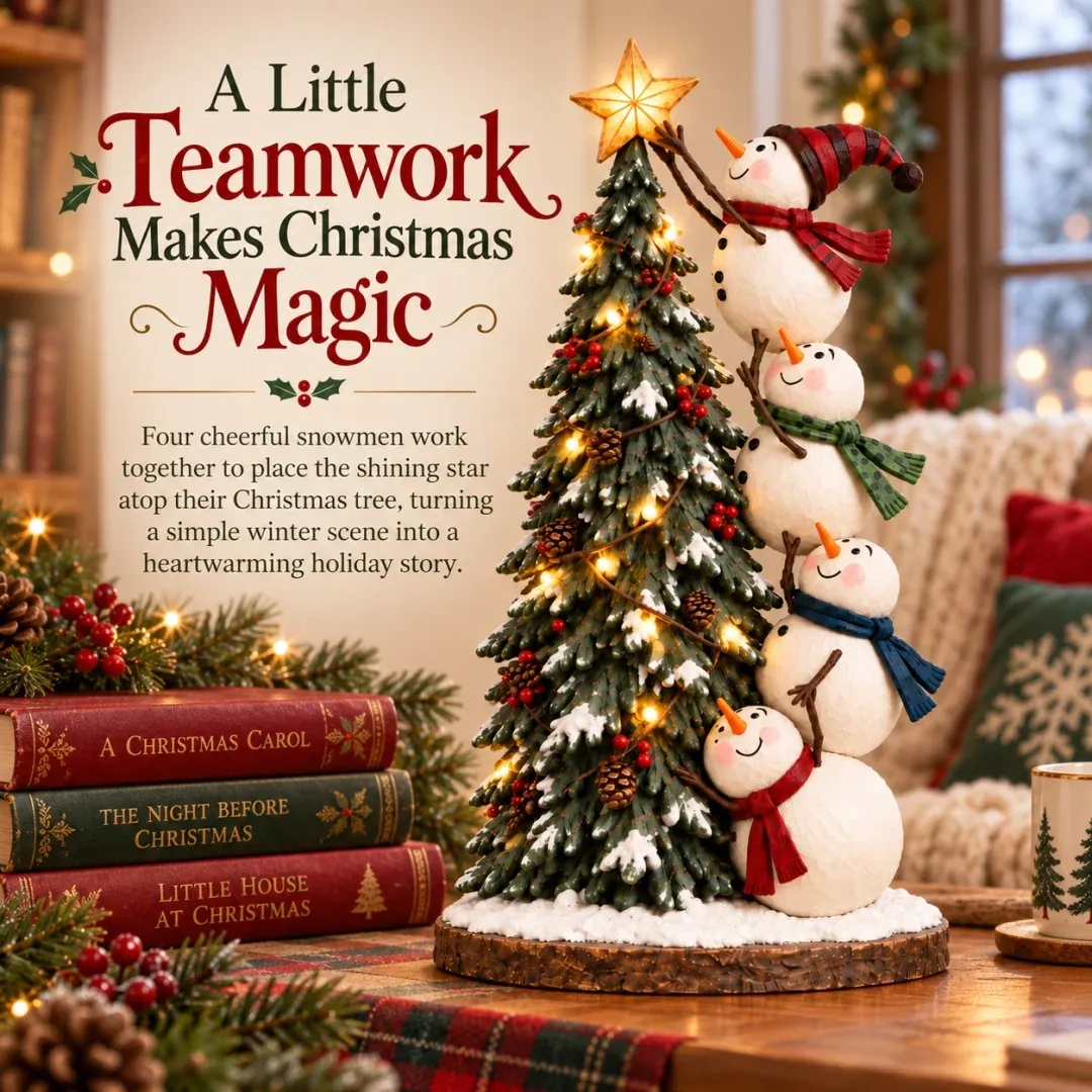 Four snowmen working together to place the star on a Christmas tree