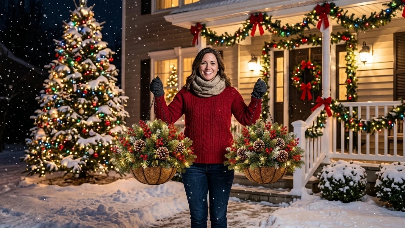 Christmas hanging basket used as outdoor holiday decoration