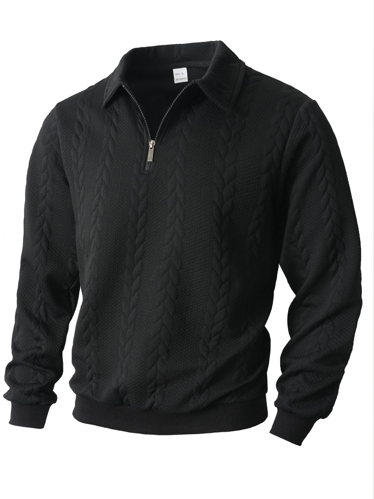 Complete front product photo of the black textured quarter-zip sweater