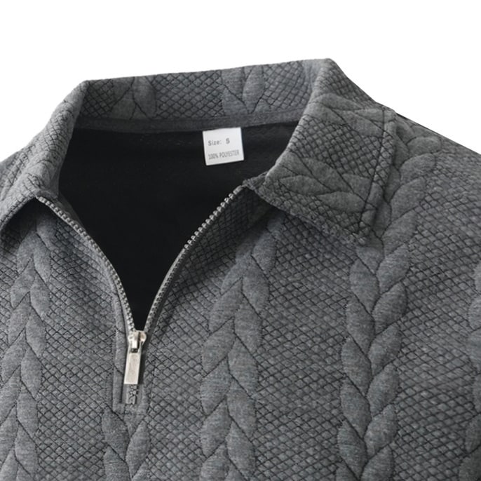 Close-up of the gray sweater collar and short silver-tone zipper