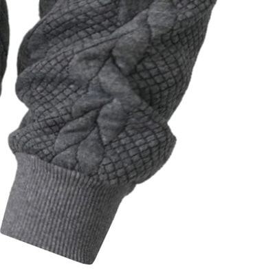 Close-up of the gray sweater sleeve and ribbed cuff