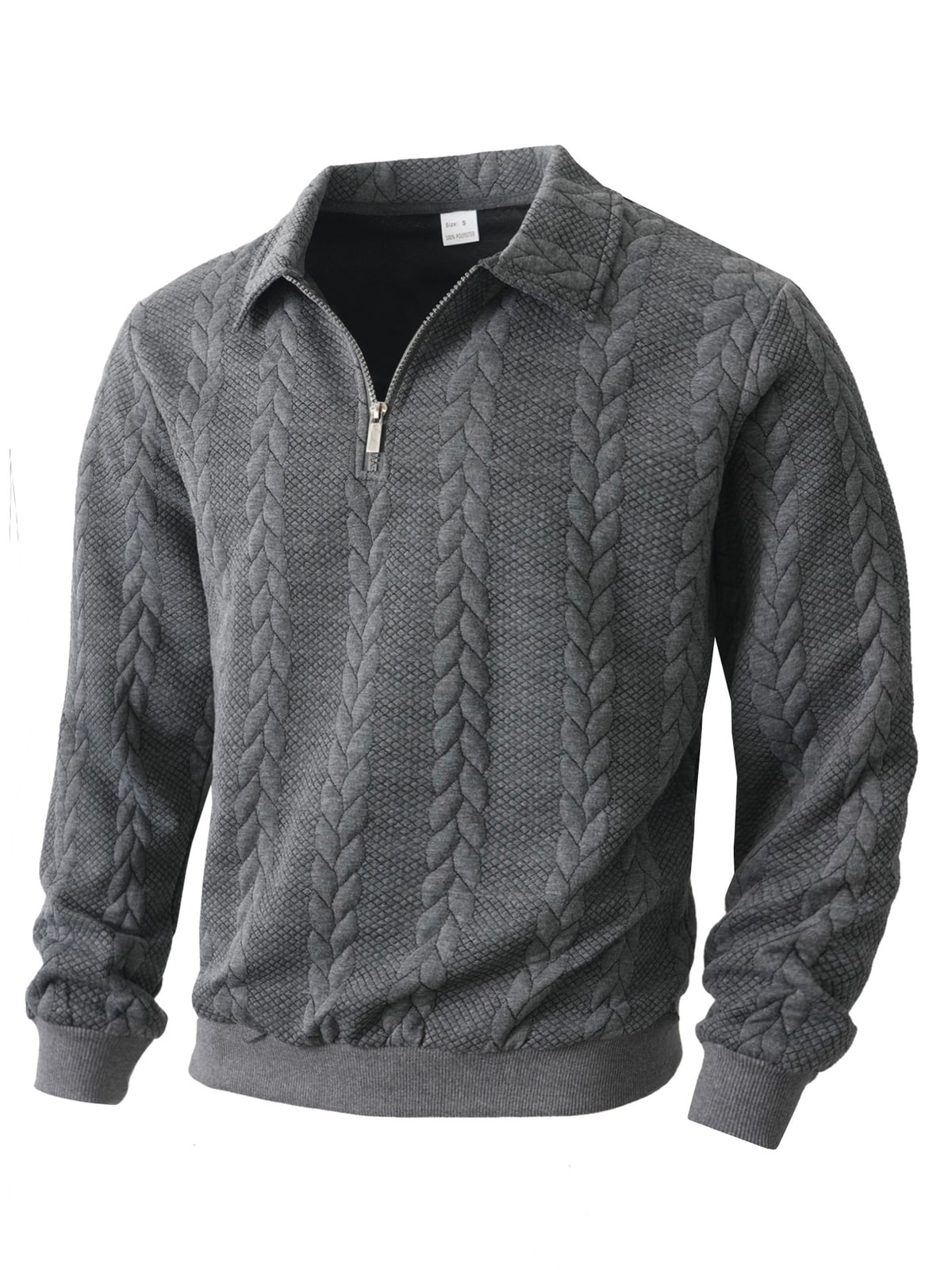 Complete front product photo of the gray textured quarter-zip sweater