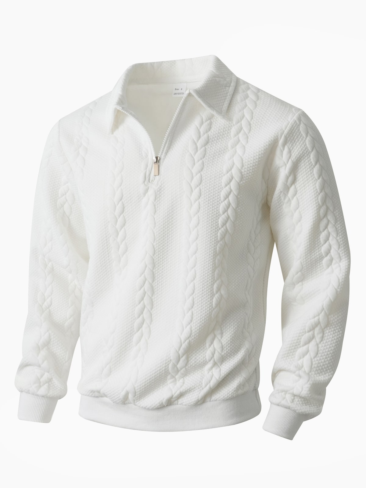 Complete front product photo of the white textured quarter-zip sweater