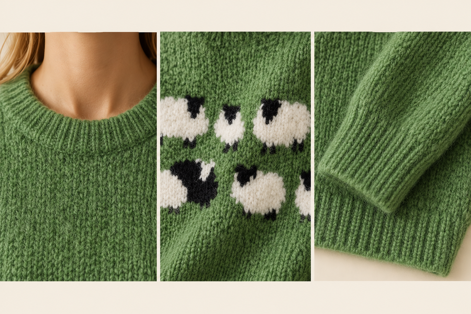 AI illustrative close-up of crew neckline, sheep pattern and ribbed cuff