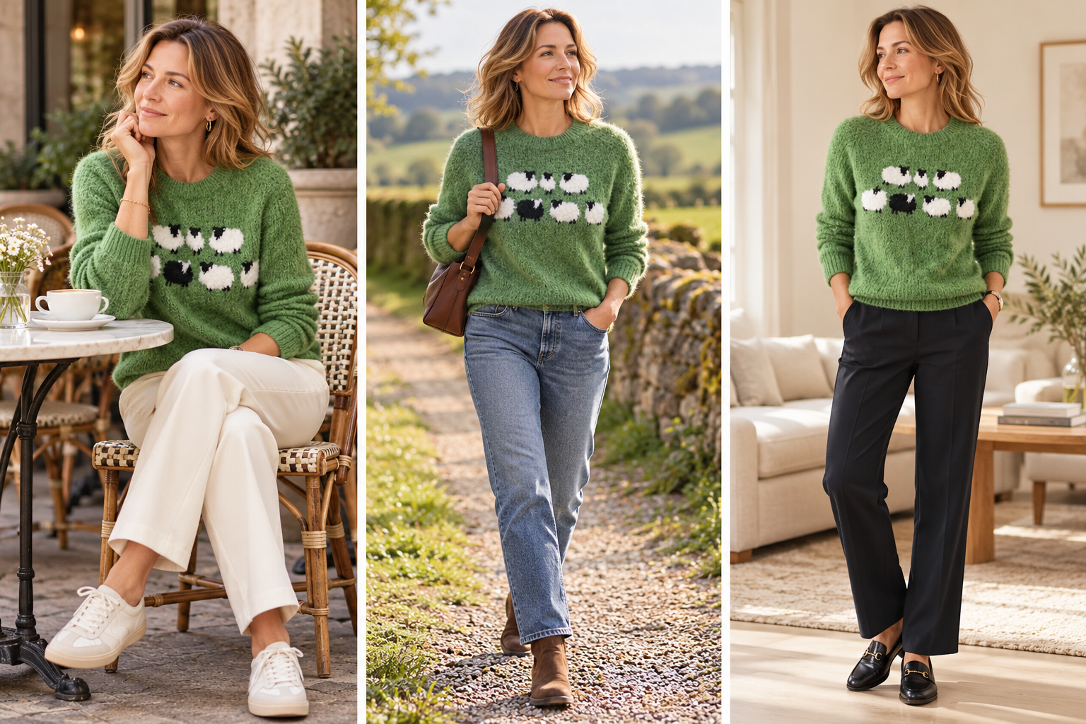 AI styling illustration: three everyday sweater outfits
