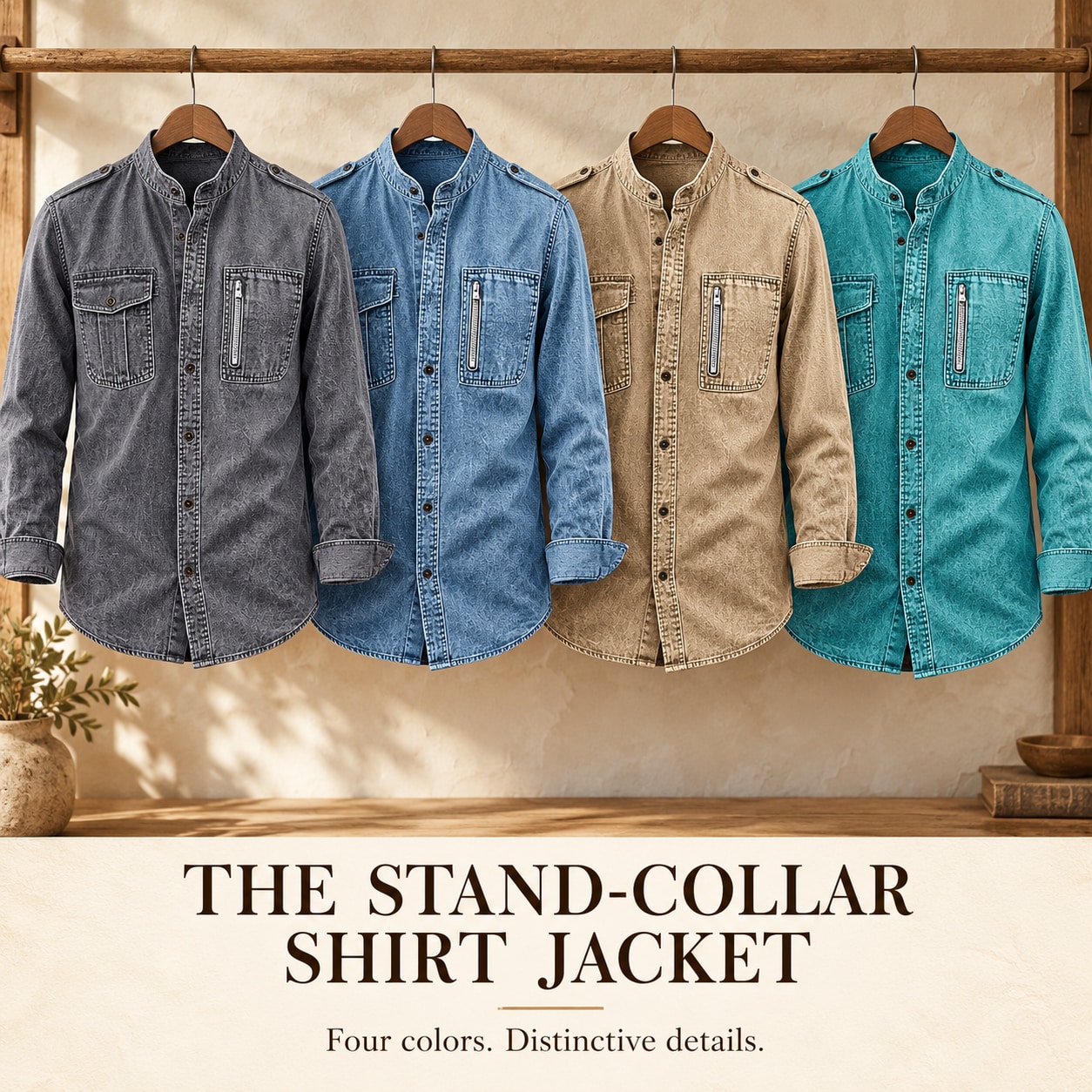 Stand-collar shirt jacket collection in Gray, Blue, Khaki and Teal