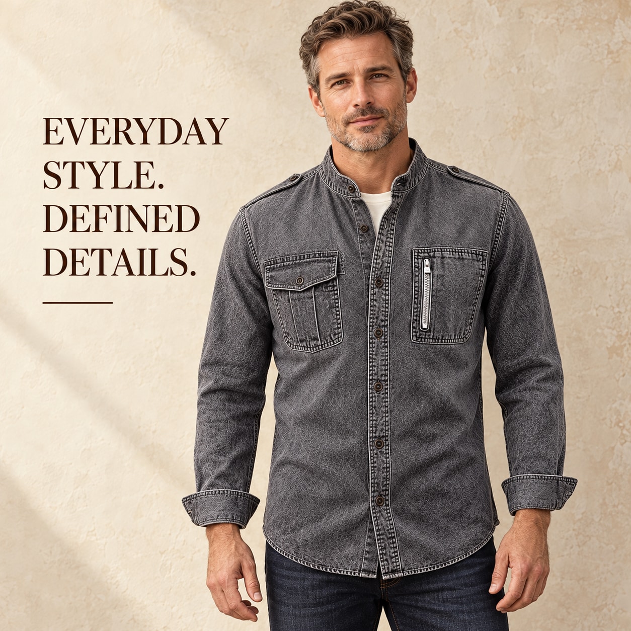 Model wearing the Gray stand-collar button-front shirt jacket