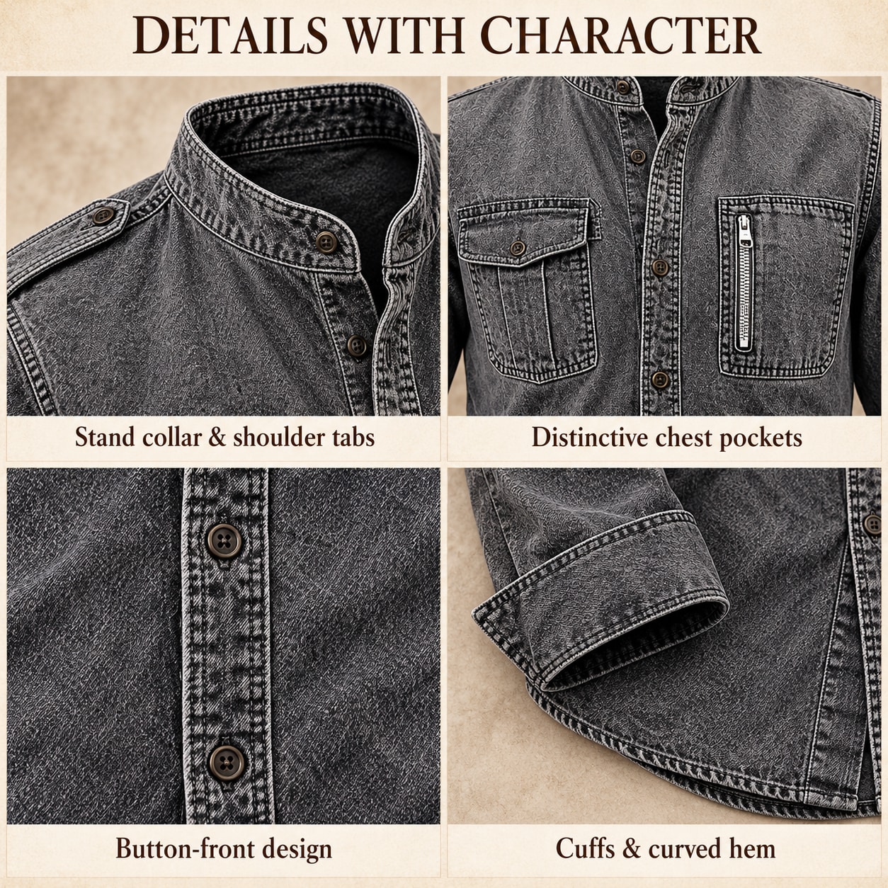 Close-ups of the stand collar, shoulder tabs, asymmetric chest pockets, buttons, cuffs and curved hem