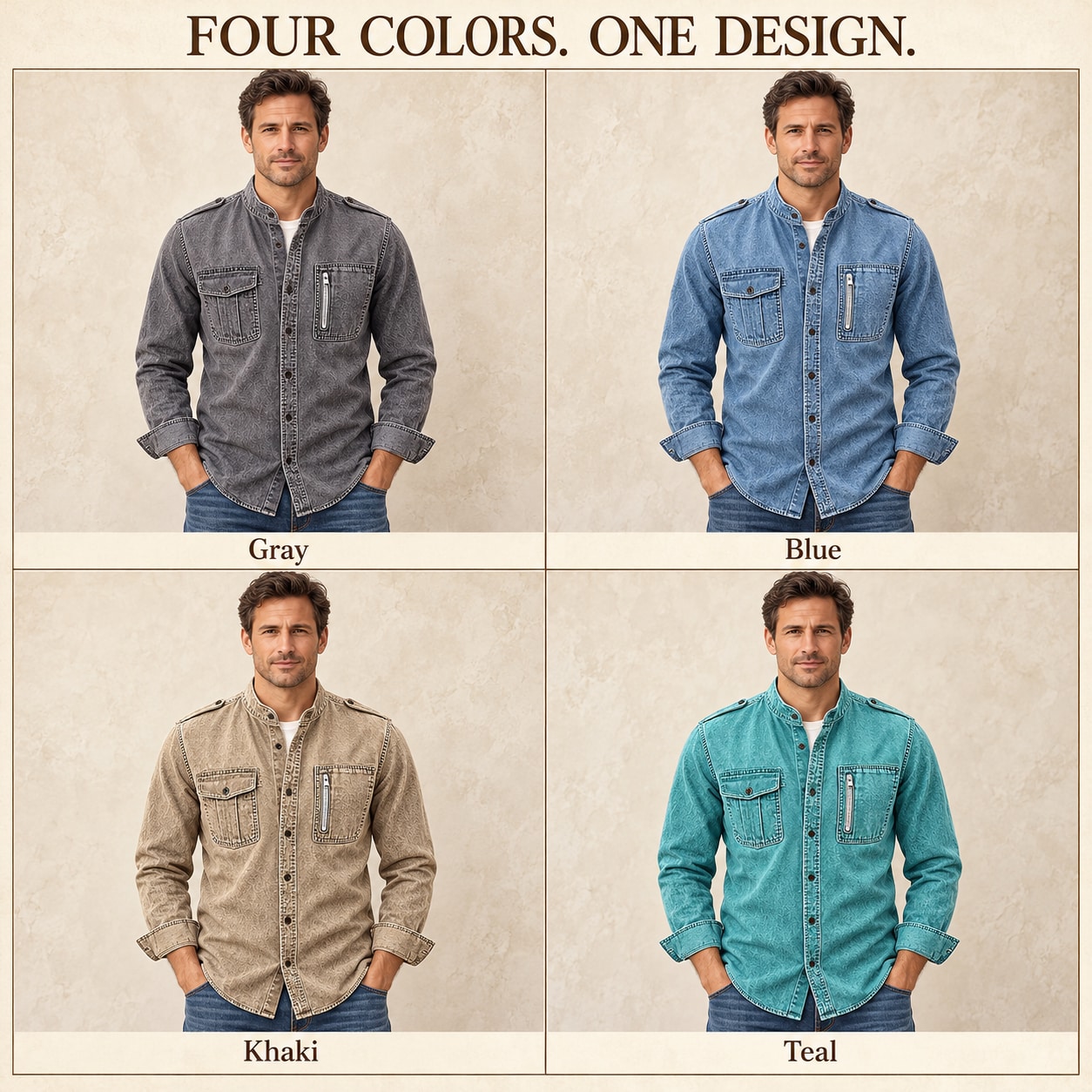 Four model styling views in Gray, Blue, Khaki and Teal