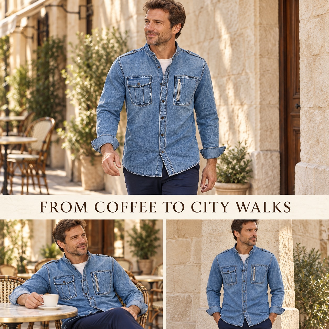 Blue shirt jacket styled for coffee stops and city walks