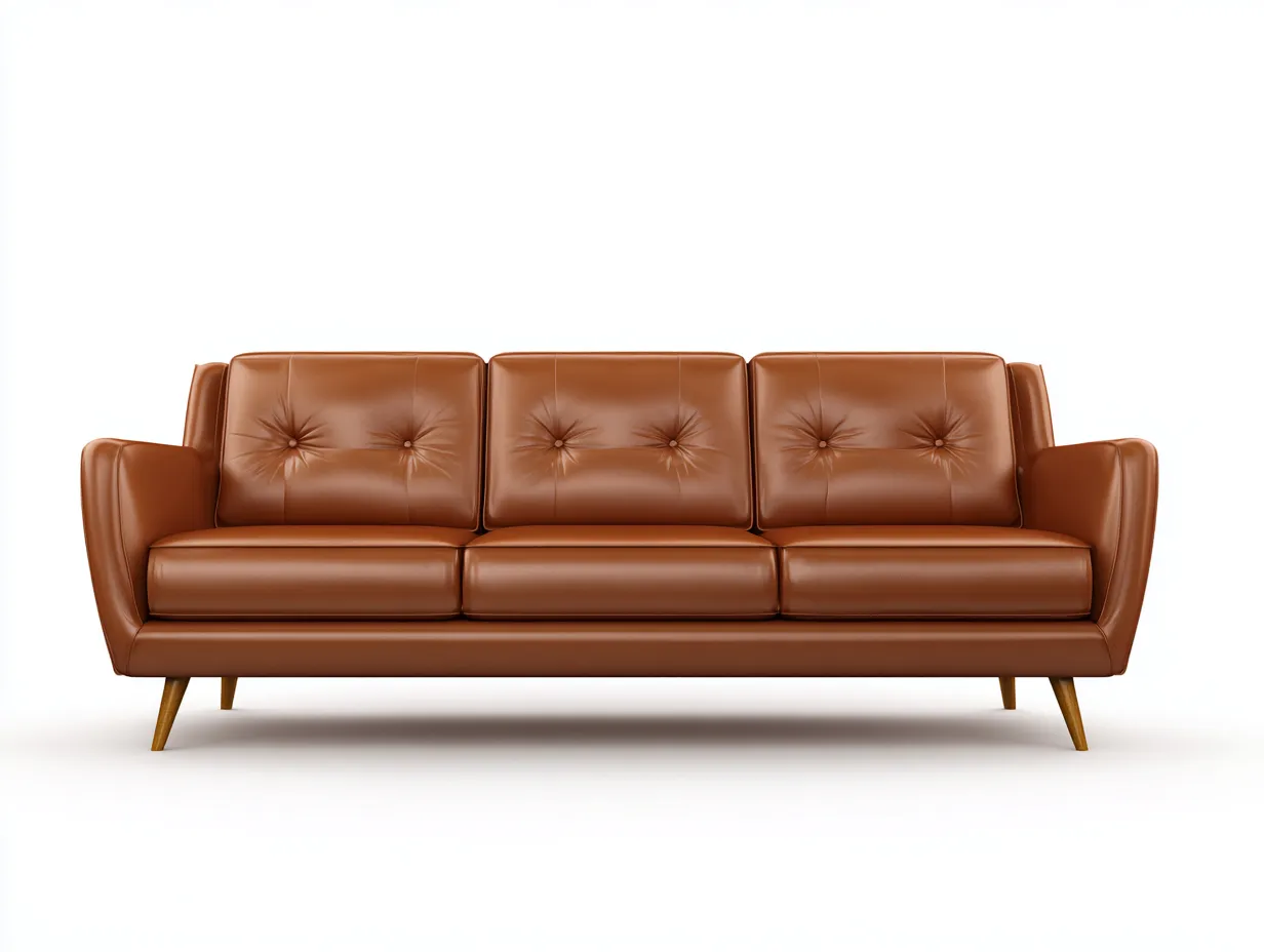 3-Sitzer Sofa Kunstleder 228 x 88 x 84 cm - cognacbraun - für Wohnzimmer - modern mit Knopfheftung und Holzfüßen