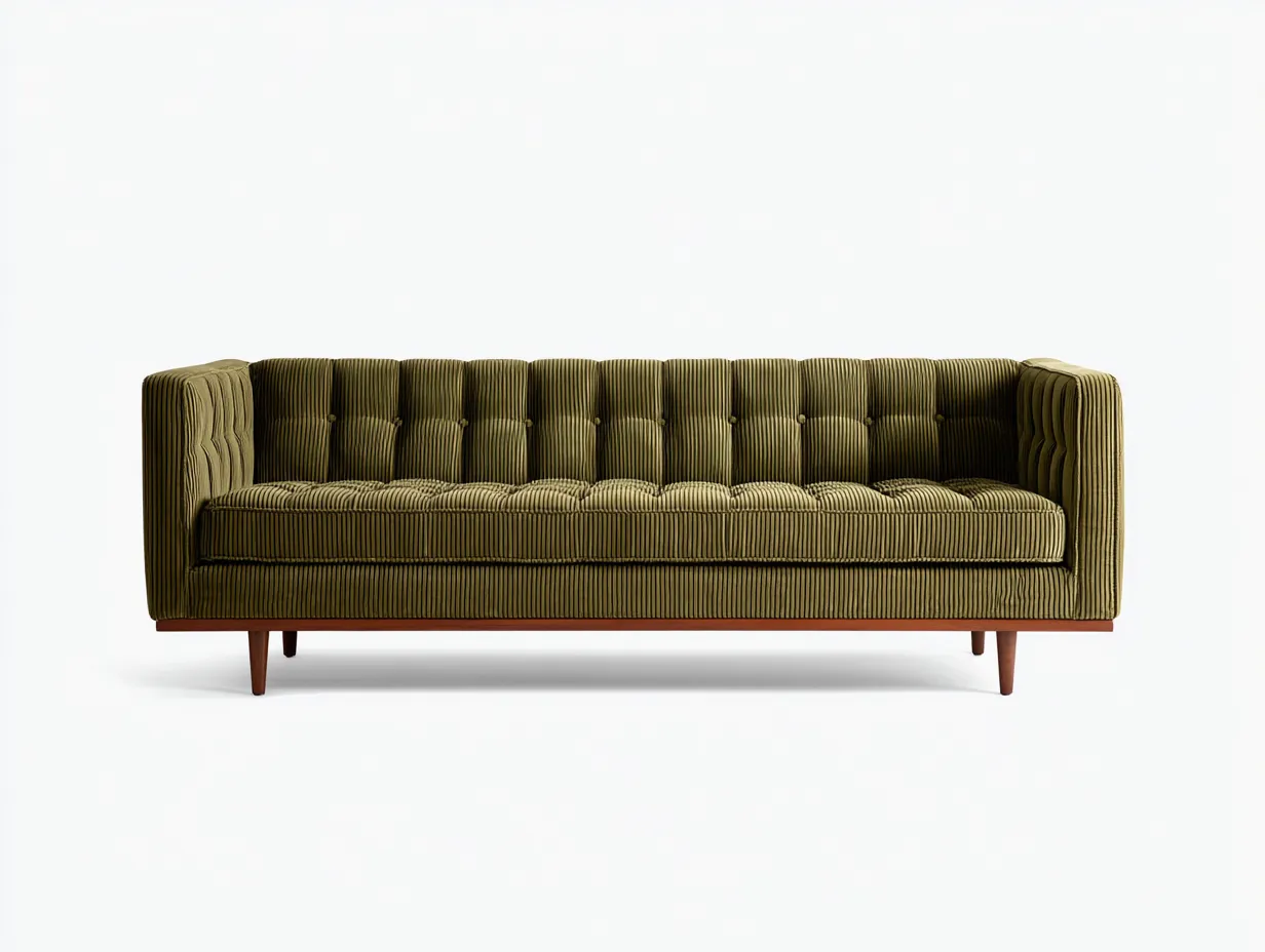 3-Sitzer Sofa aus Cordstoff 218 x 86 x 78 cm - olivgrün - für das Wohnzimmer - im Mid-Century-Stil mit Knopfheftung und Holzfüßen