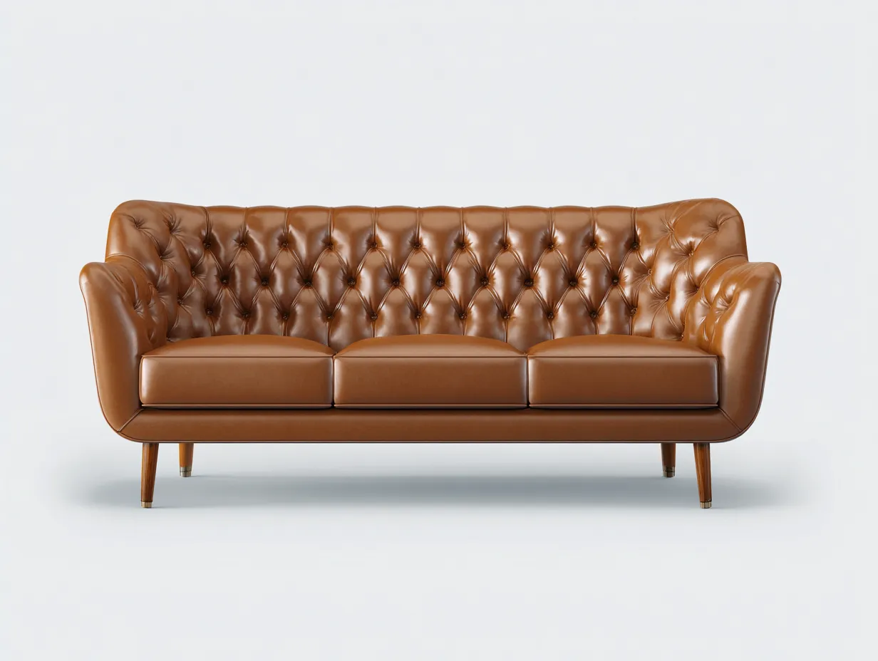 3-Sitzer Sofa in Lederoptik 214 x 90 x 82 cm - cognacbraun - für das Wohnzimmer - klassisch modern mit Chesterfield-Steppung und Holzfüßen