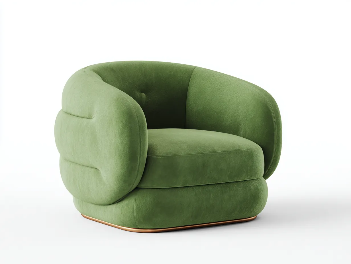 Sessel aus Samtstoff 92 x 86 x 78 cm - hellgrün - für das Wohnzimmer - modern mit skulpturaler Rundform und goldfarbenem Sockel