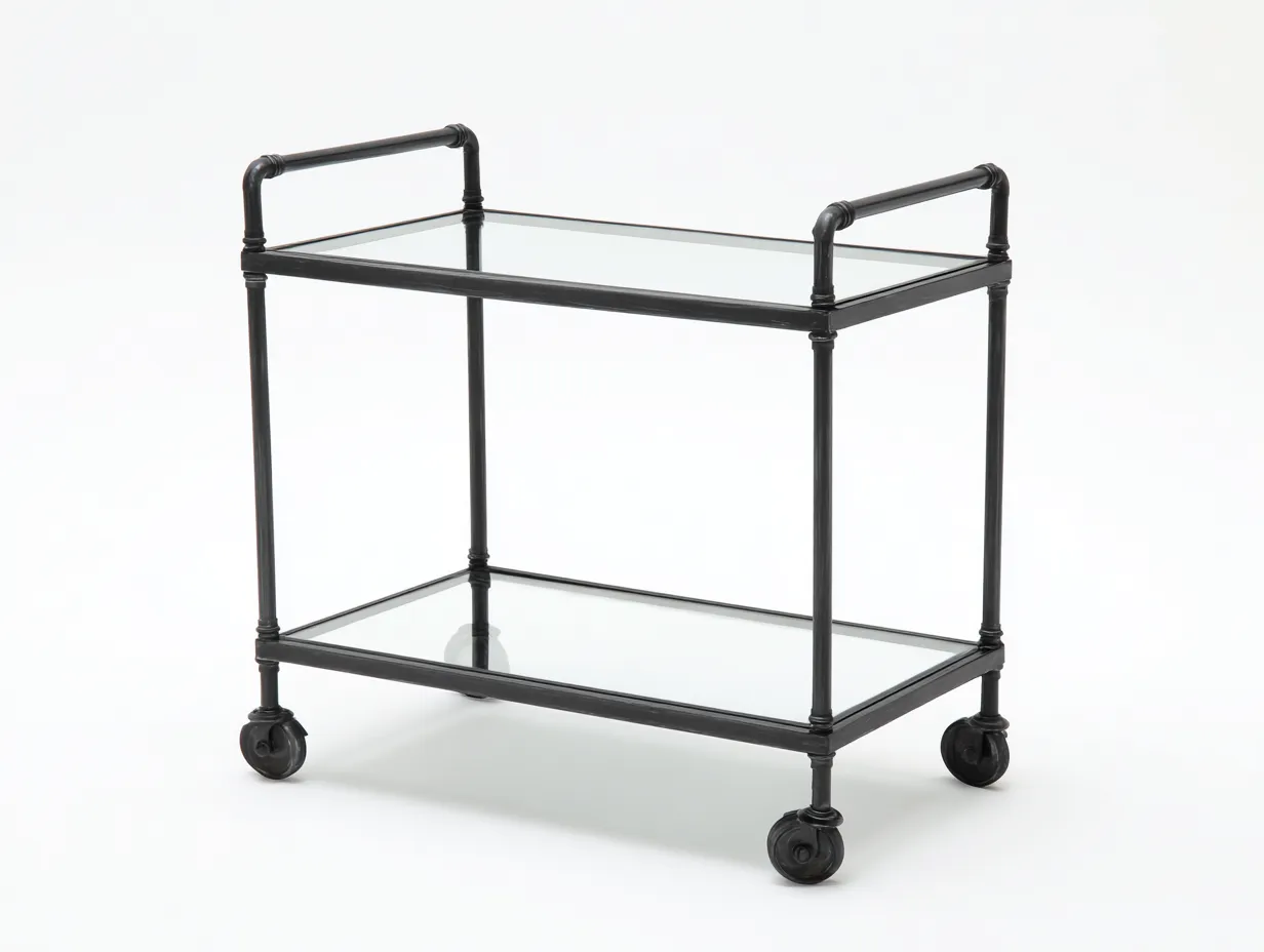 Küchenwagen aus Metall und Glas 82 x 42 x 86 cm - schwarz/transparent - mit 2 Ablagen und Rollen - für die Küche - modern mit offener Rahmenkonstruktion