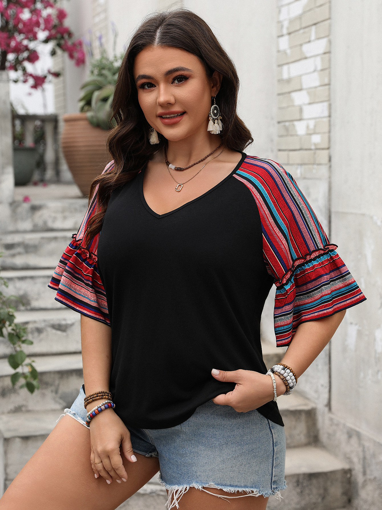 Boho Striped Patchwork V-Neck Bell Sleeve Top - 2025 Spring Summer Casual Loose Fit Curvy Blouse