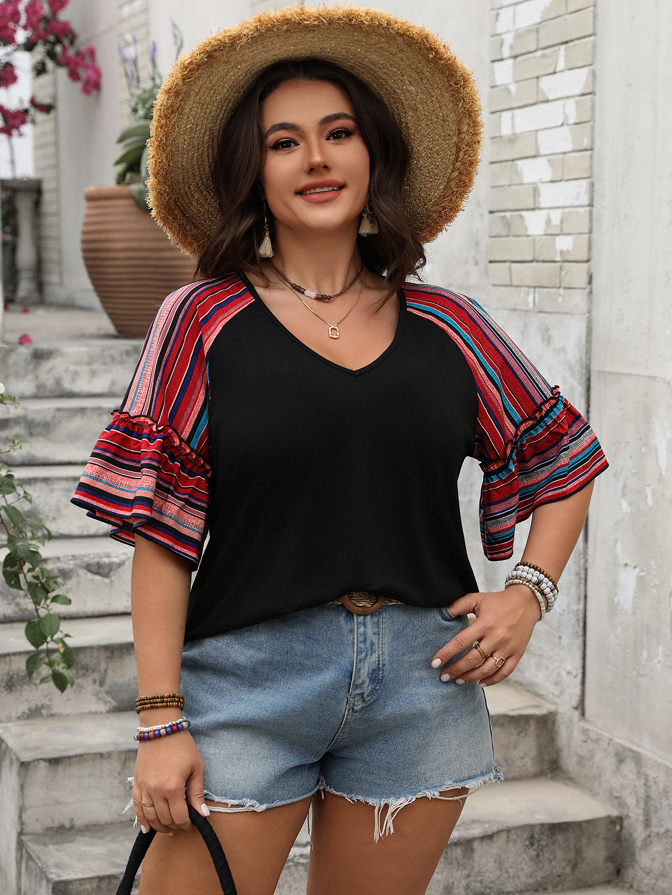 Boho Striped Patchwork V-Neck Bell Sleeve Top - 2025 Spring Summer Casual Loose Fit Curvy Blouse