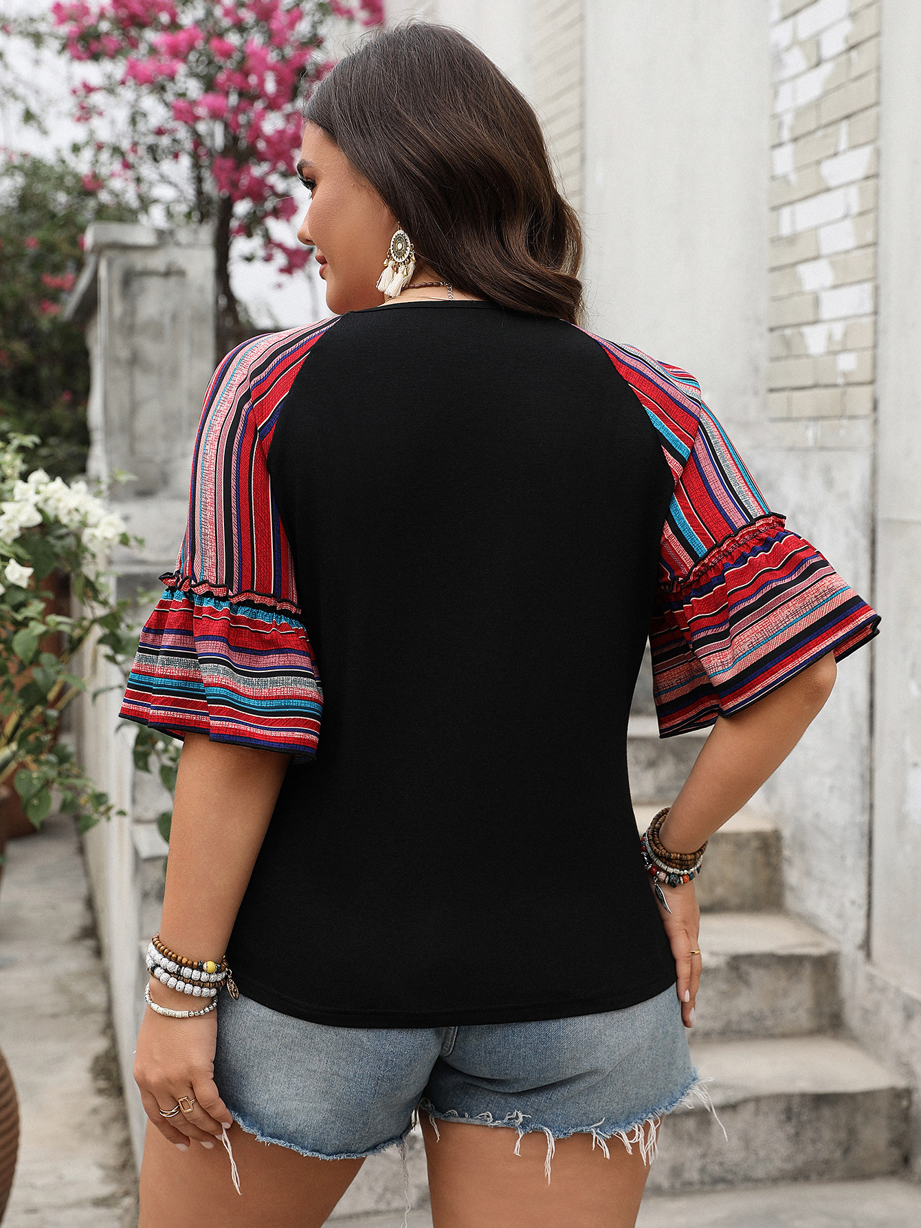 Boho Striped Patchwork V-Neck Bell Sleeve Top - 2025 Spring Summer Casual Loose Fit Curvy Blouse