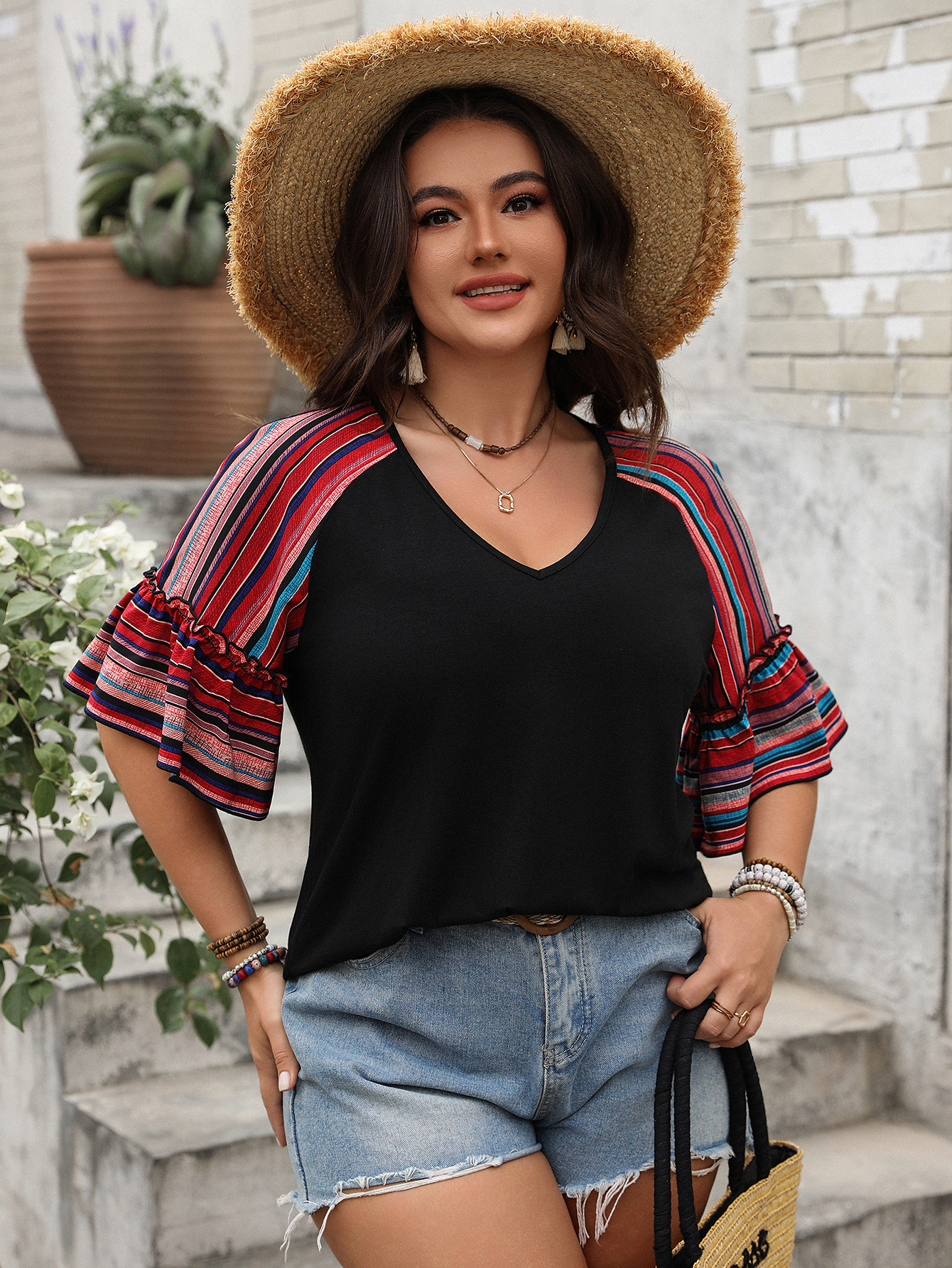 Boho Striped Patchwork V-Neck Bell Sleeve Top - 2025 Spring Summer Casual Loose Fit Curvy Blouse