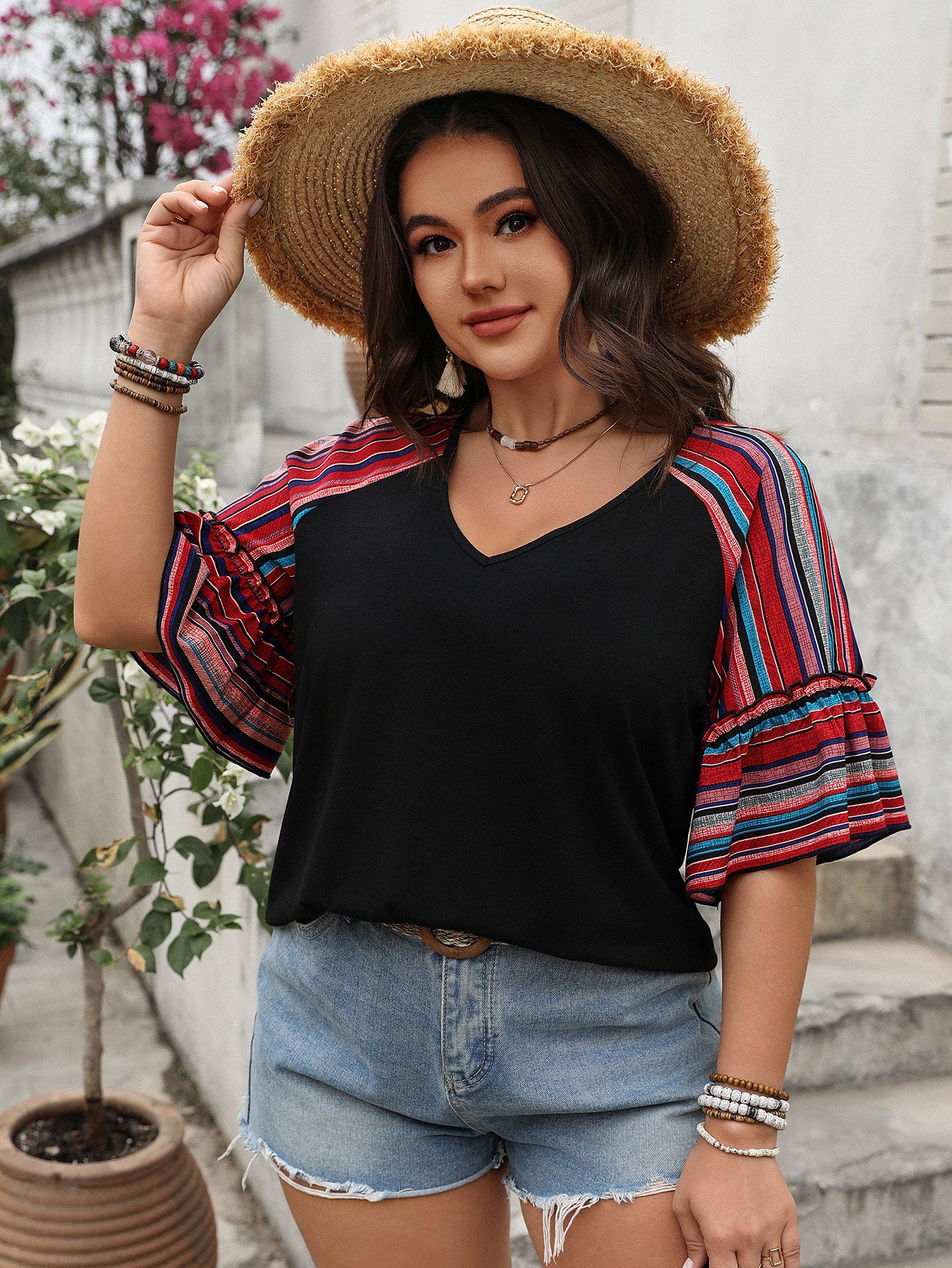 Boho Striped Patchwork V-Neck Bell Sleeve Top - 2025 Spring Summer Casual Loose Fit Curvy Blouse