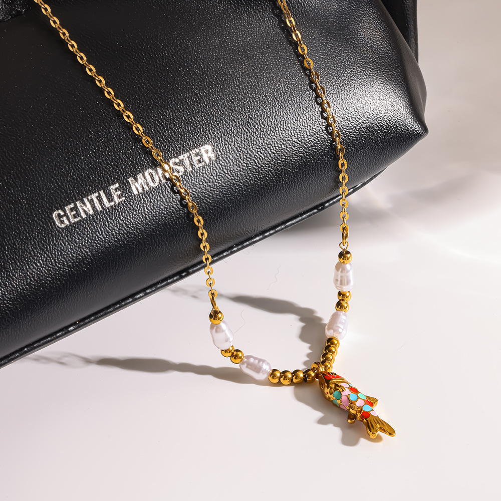 Multicolor Enamel Koi Necklace with Pearl-Bead V Front
