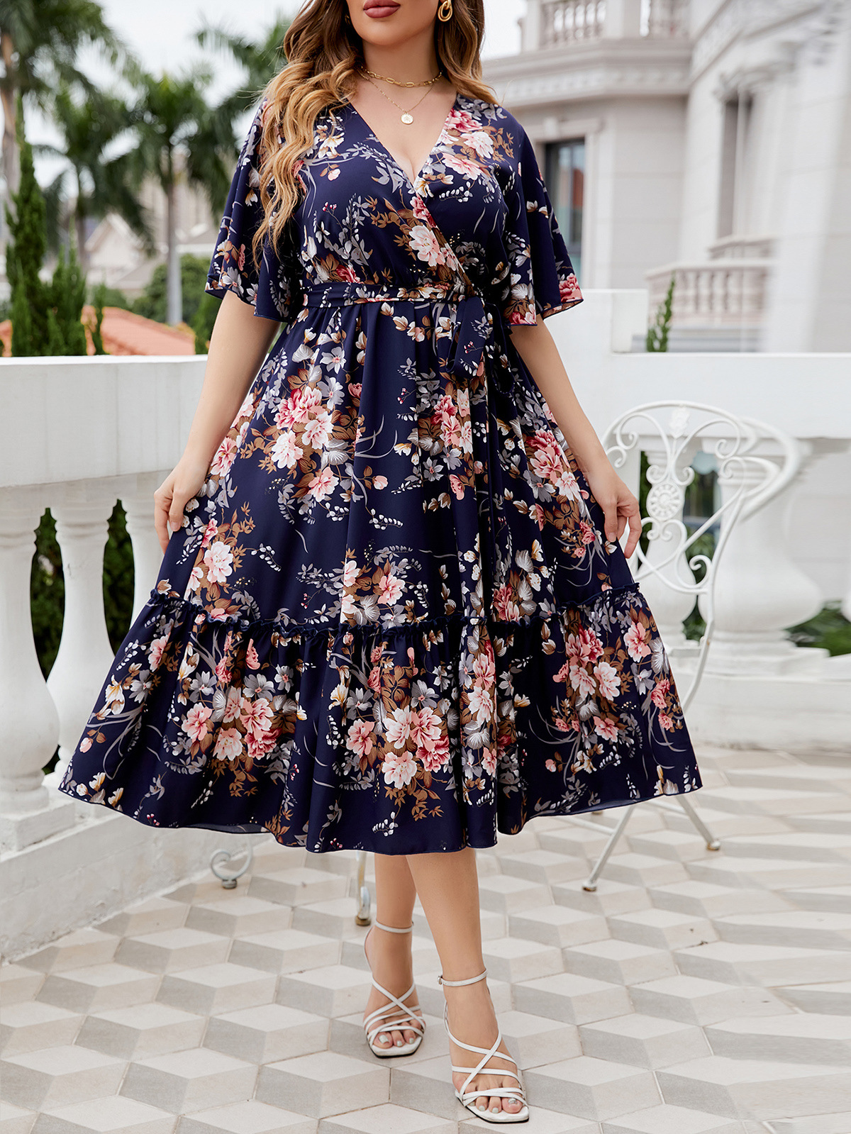 Floral Print Wrap V-Neck Ruffle Hem Midi Dress | 2025 Spring Summer Boho Curvy Dress