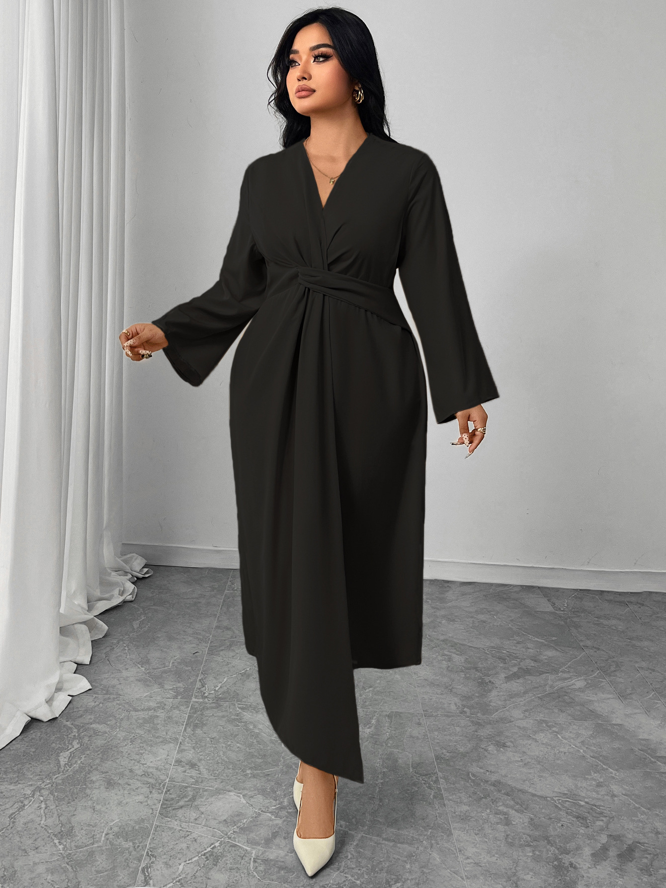 Twist Waist V-Neck Long Sleeve Midi Dress | Elegant Office Casual Curvy Wrap Dress