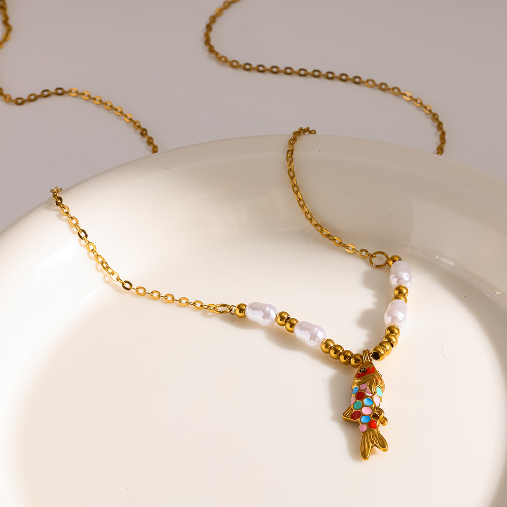 Multicolor Enamel Koi Necklace with Pearl-Bead V Front