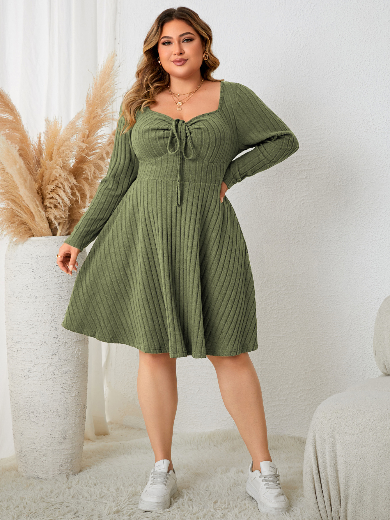 Ribbed Knit Drawstring V-Neck Long Sleeve A-Line Dress | Casual Curvy Sweater Dress