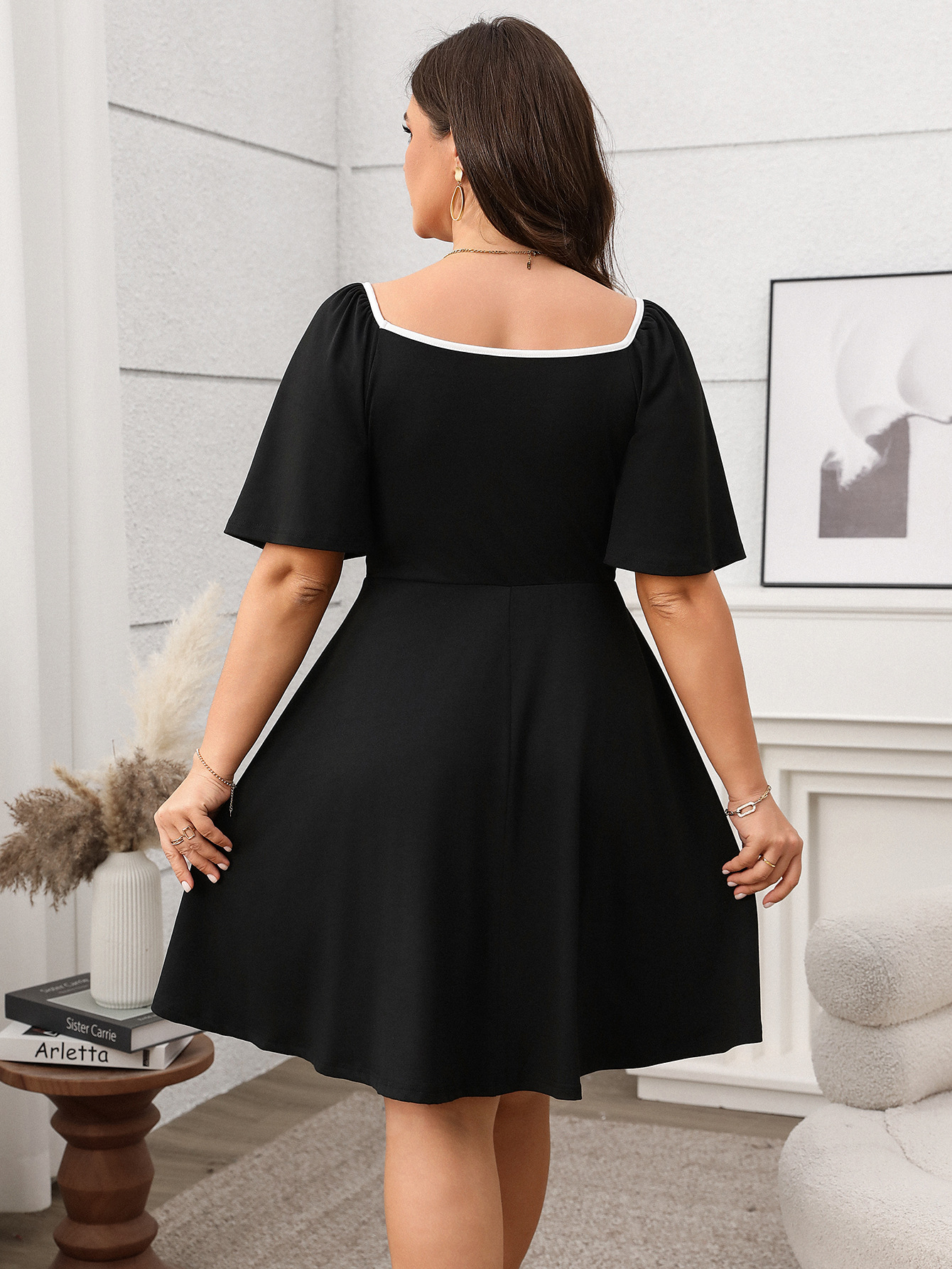 Contrast Bow Square Neck Flare Sleeve A-Line Mini Dress | Curvy Women's Elegant Casual Dress
