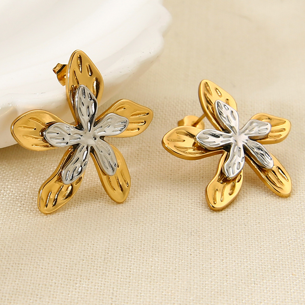Two-Tone Double Layer Five-Petal Flower Stud Earrings