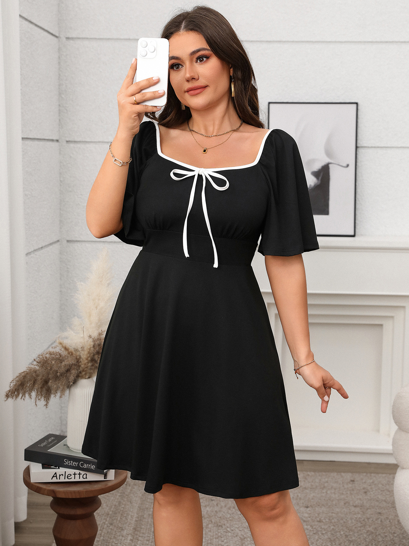 Contrast Bow Square Neck Flare Sleeve A-Line Mini Dress | Curvy Women's Elegant Casual Dress