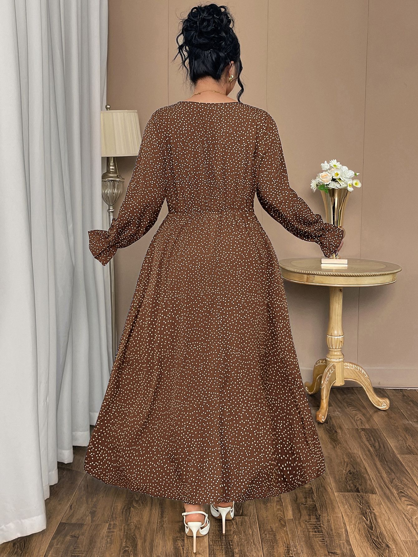 Polka Dot Tie Neck Long Sleeve Maxi Dress | Year-Round Casual Curvy A-Line Dress