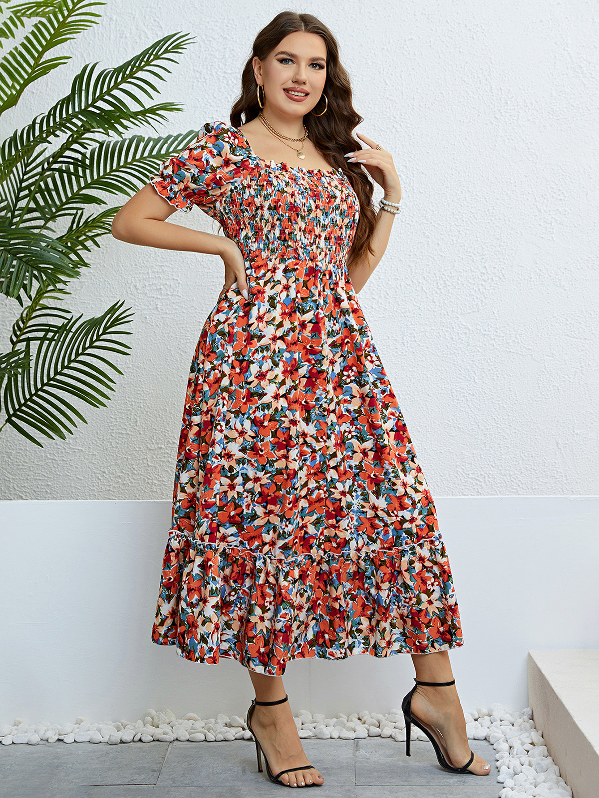 Floral Print Square Neck Smocked Waist Maxi Dress | Casual Curvy Summer Dress