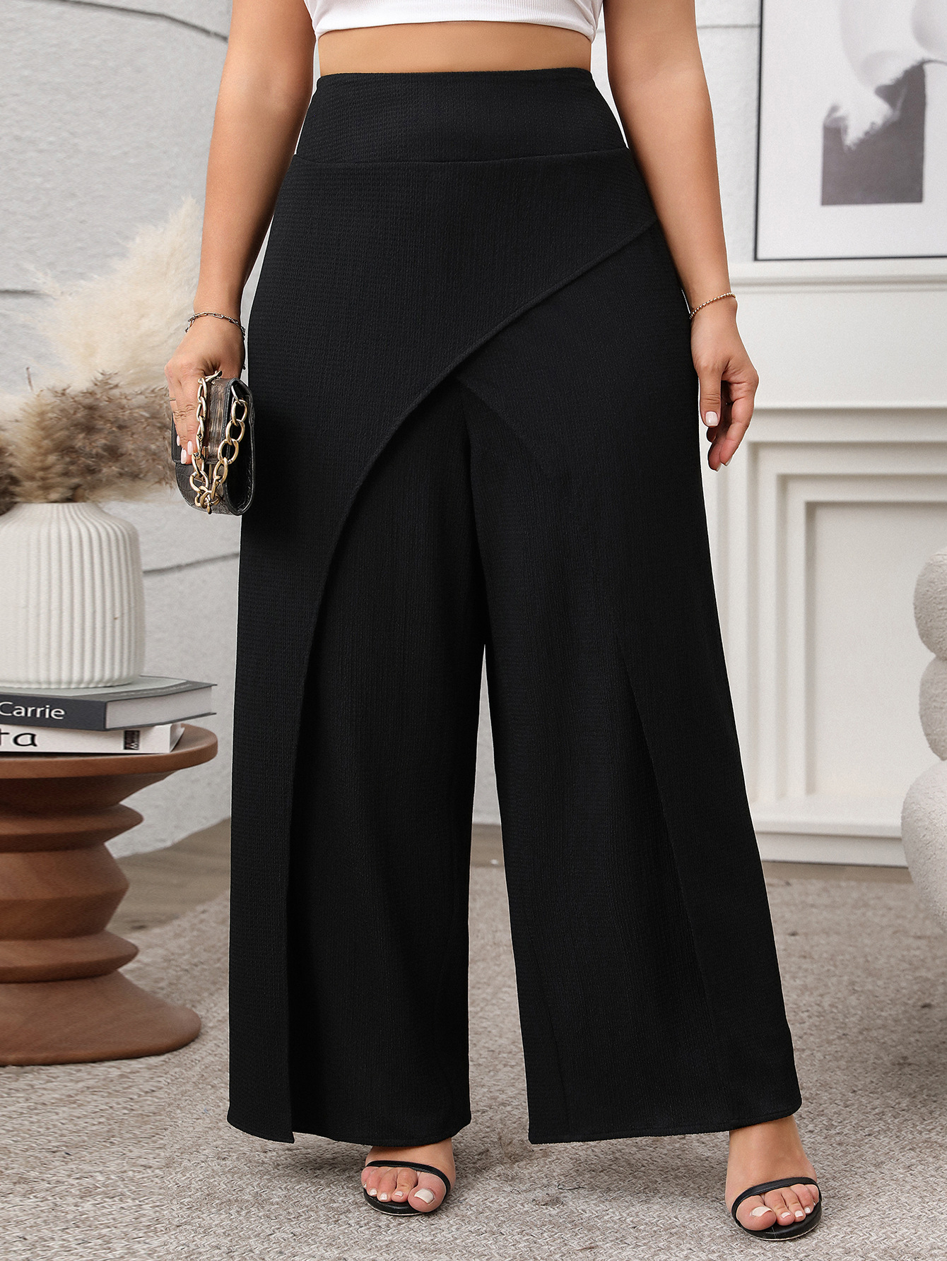 High Waisted Crisscross Front Slit Wide Leg Pants | Curvy Women's Flowy Palazzo Trousers