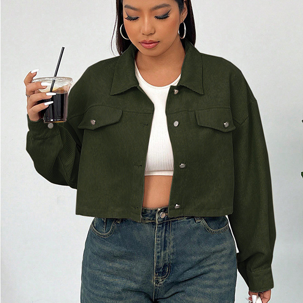 Corduroy Cropped Button-Down Jacket | Casual Plus Size Trucker Coat
