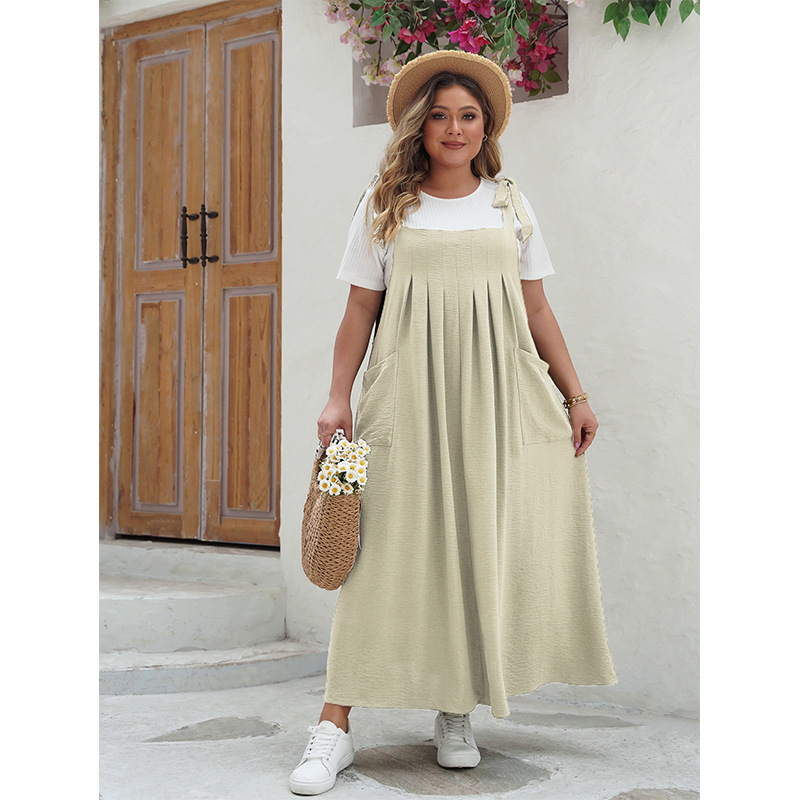 Tie Shoulder Pleated Maxi Pinafore Dress | Year-Round Casual Loose Fit Curvy Overall Dress