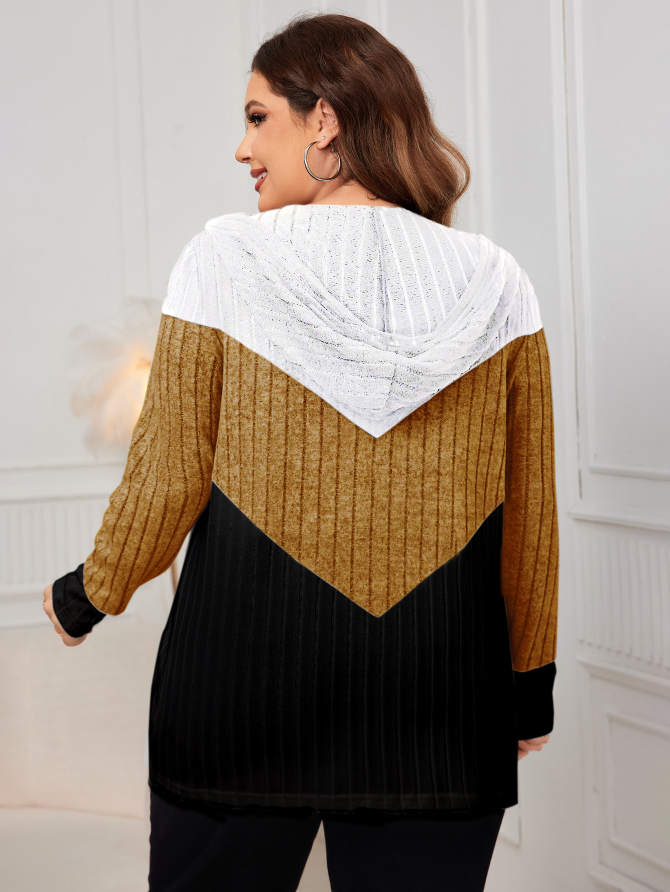 Colorblock Ribbed Knit Zip-Up Hoodie | Casual Curvy Long Sleeve Jacket