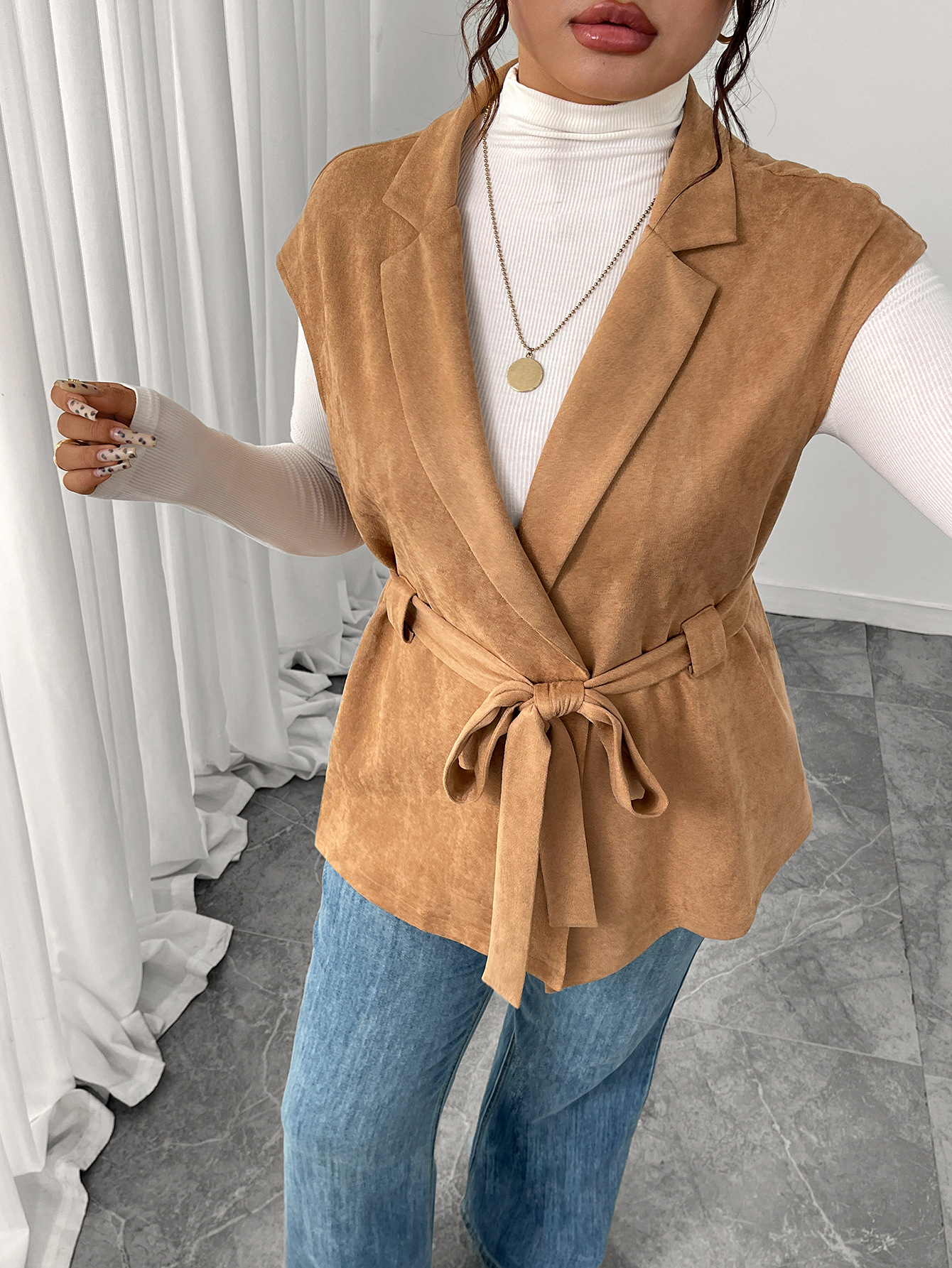Faux Suede Belted Blazer Vest | Curvy Women's Sleeveless Outerwear