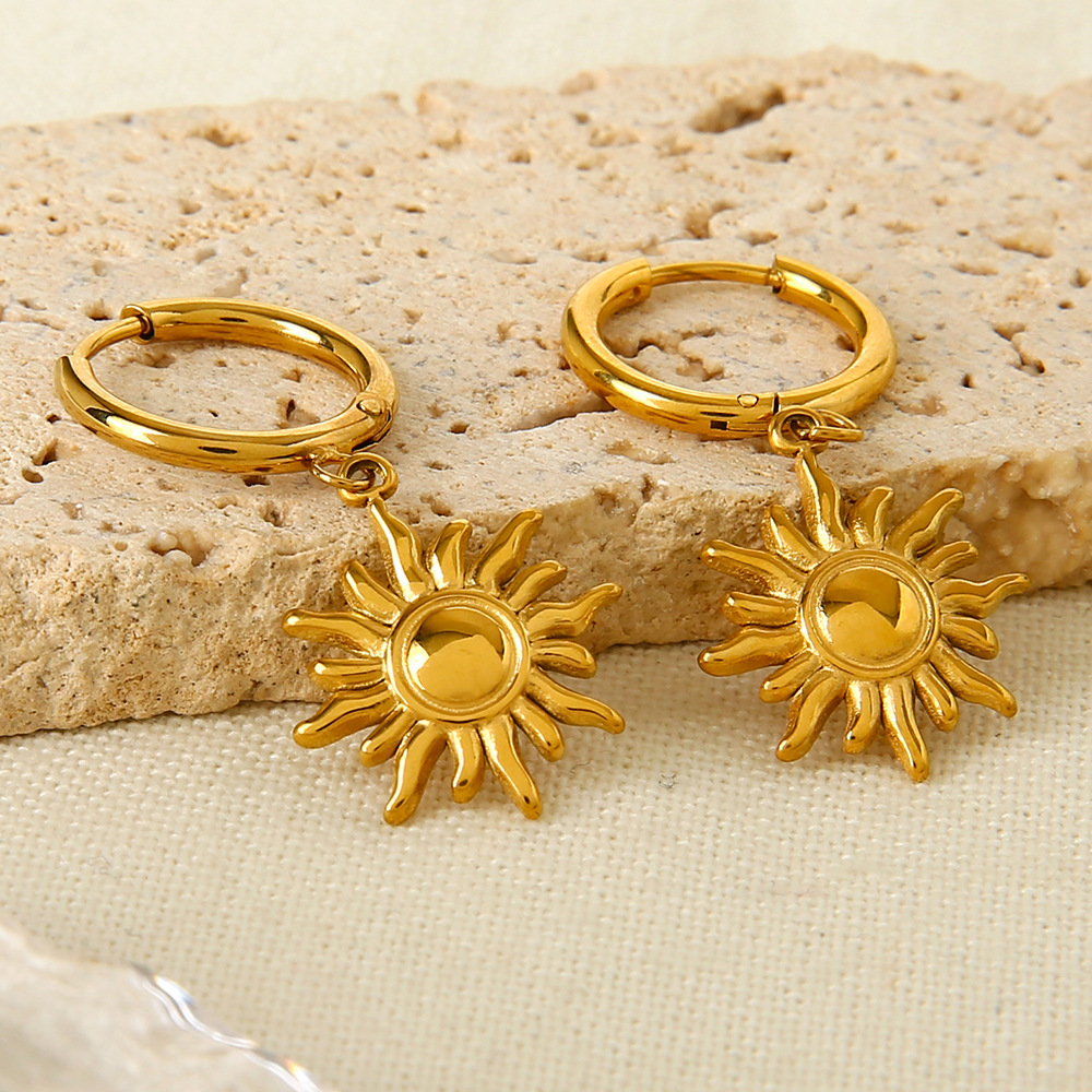 Vintage Sun Charm Huggie Drop Hoop Earrings