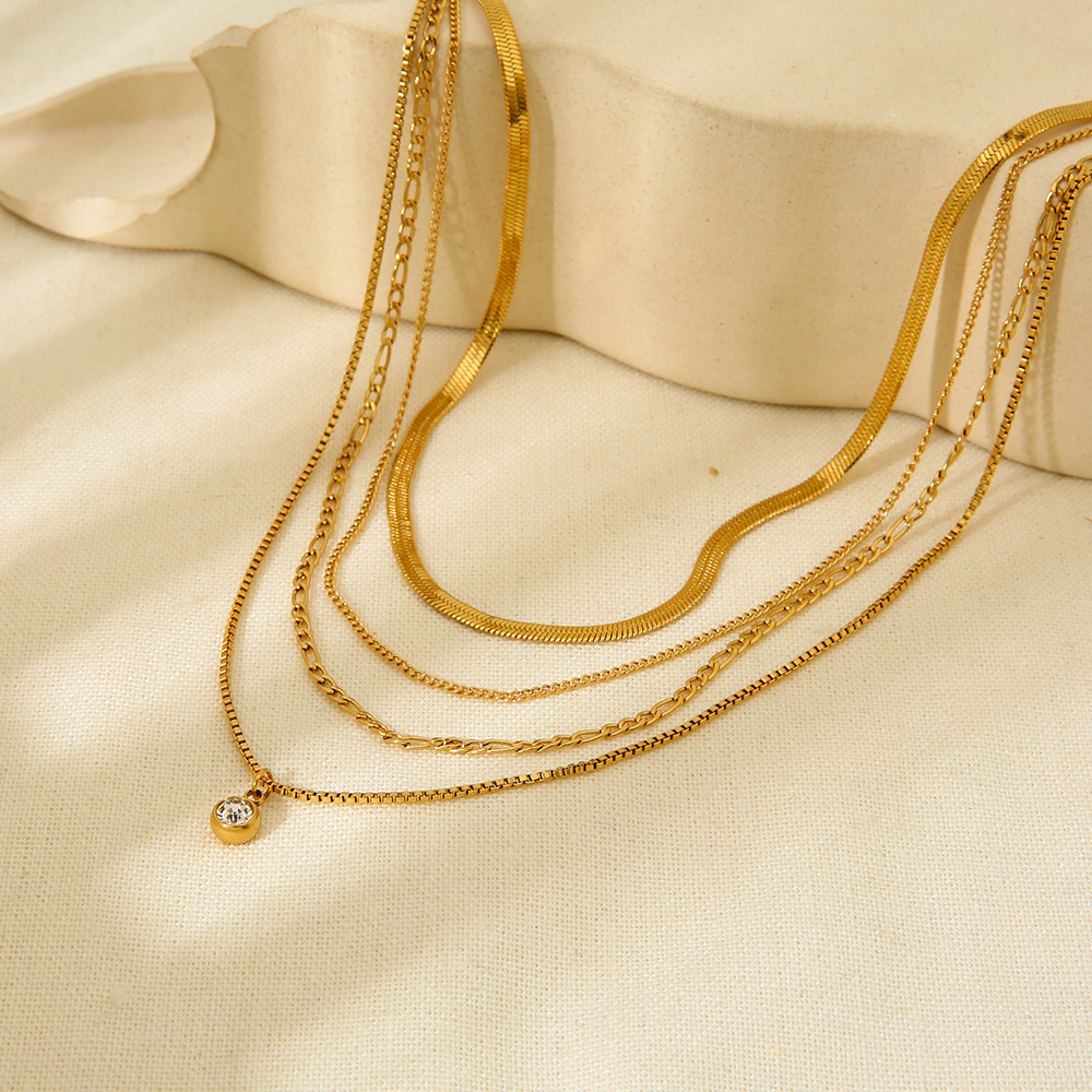Four-Tier Mixed Chain Necklace with Bezel Crystal Drop