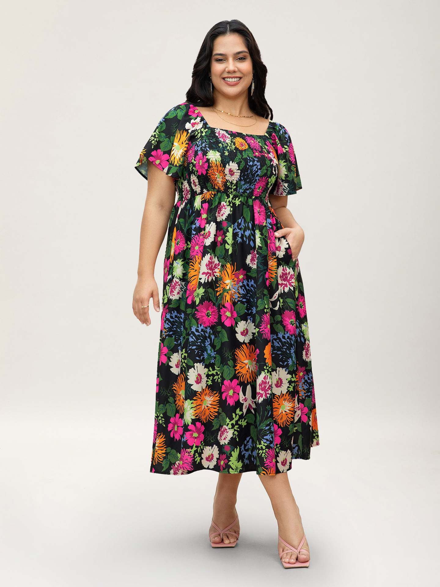 Floral Square Neck Smocked Puff Sleeve Midi Dress | Curvy Women's Casual & Vacation Dress
