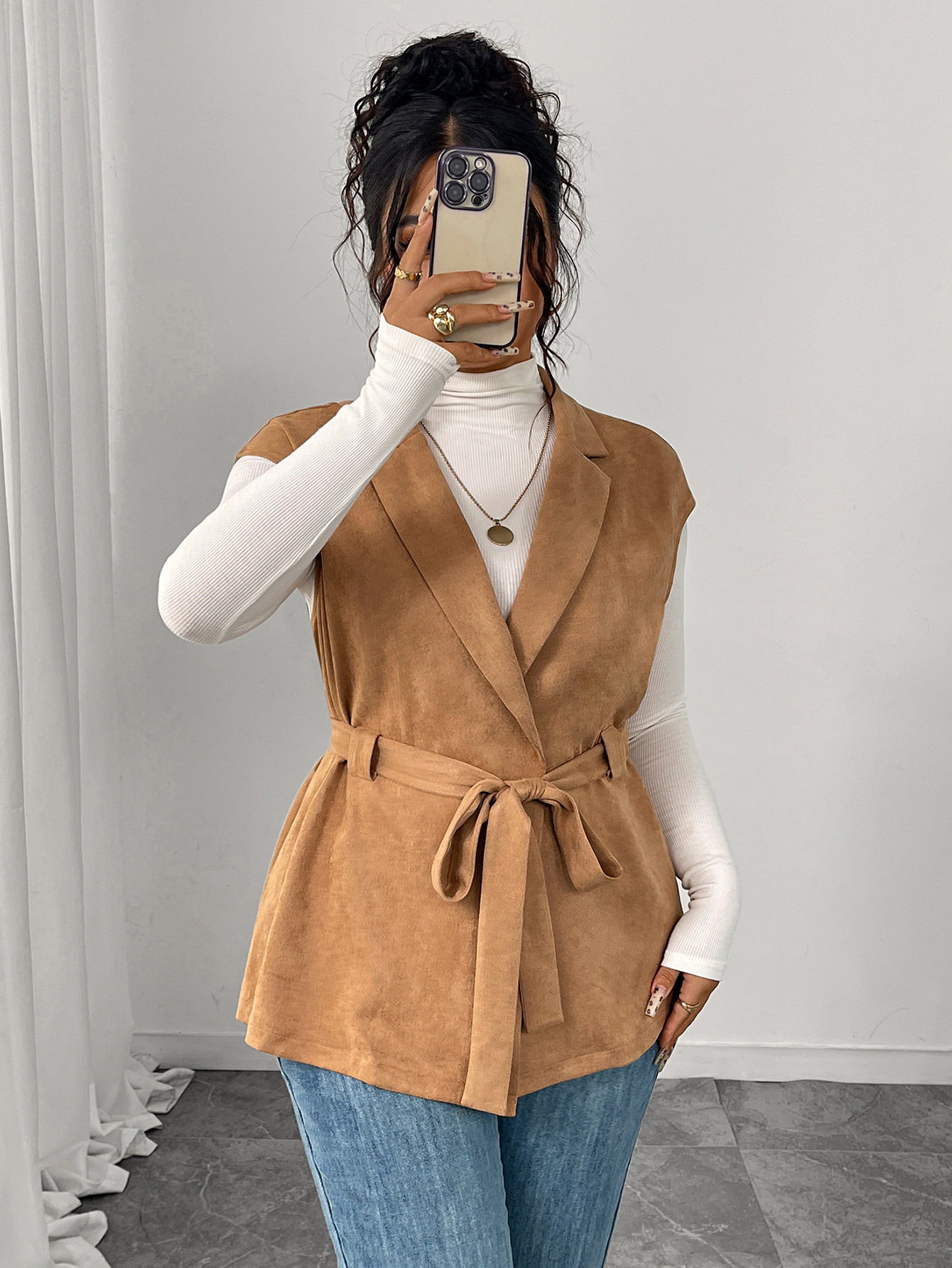 Faux Suede Belted Blazer Vest | Curvy Women's Sleeveless Outerwear
