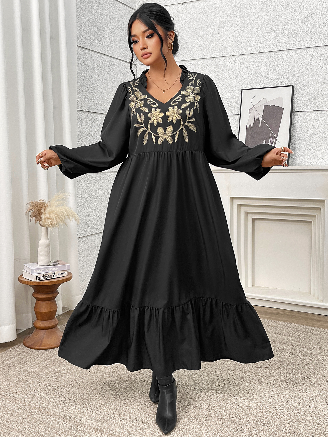 Gold Floral Embroidered V-Neck Ruffle Hem Maxi Dress | Casual Loose Curvy Dress