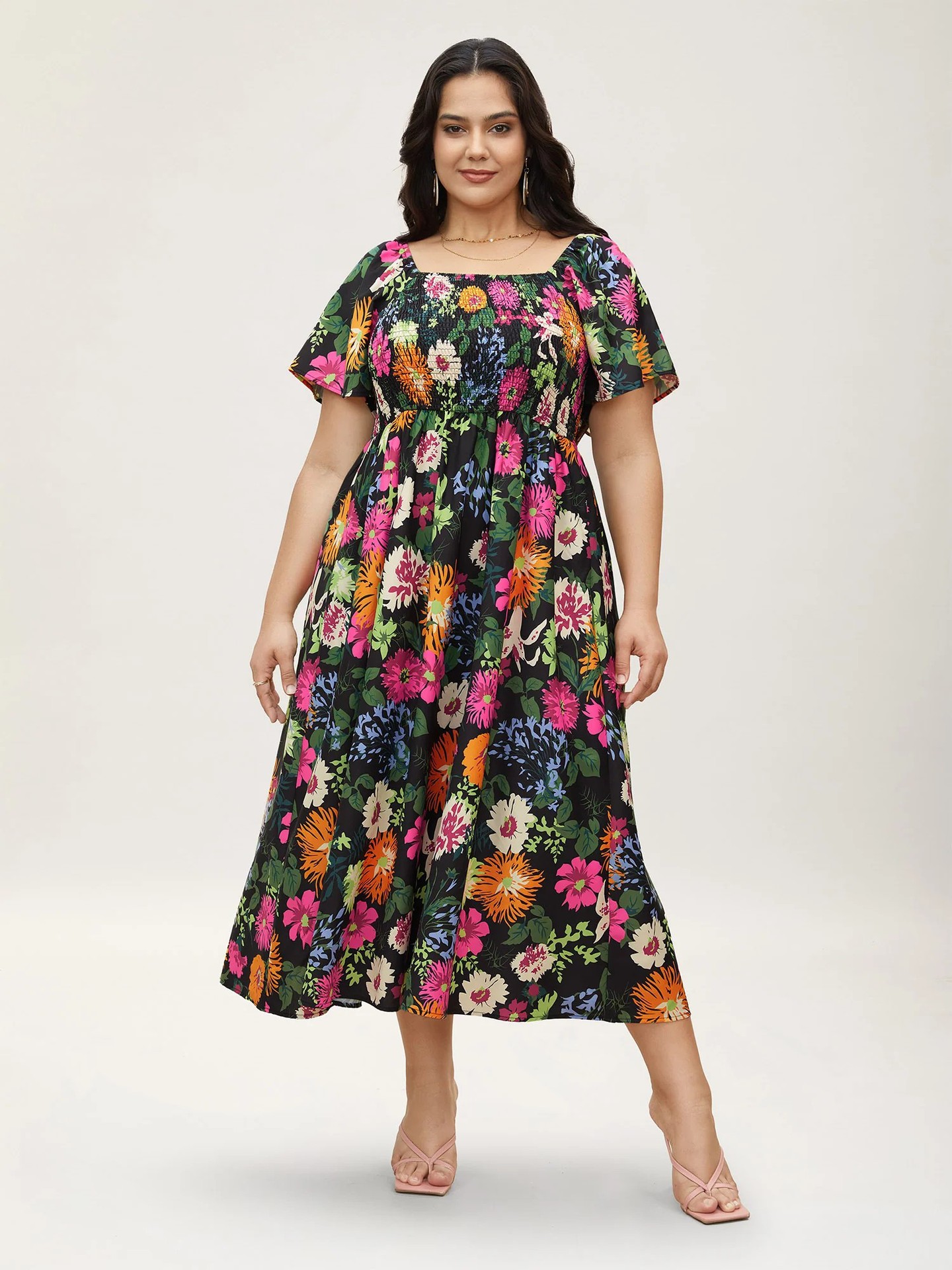 Floral Square Neck Smocked Puff Sleeve Midi Dress | Curvy Women's Casual & Vacation Dress