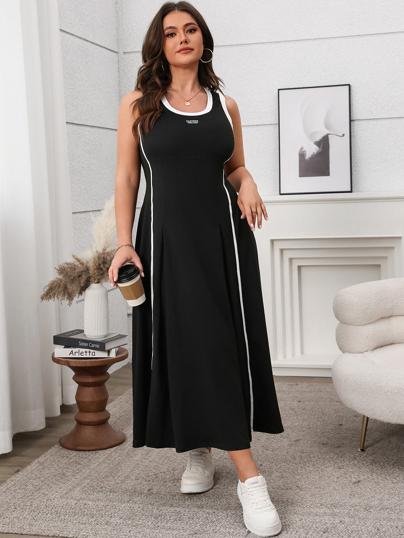 Contrast Trim Sleeveless A-Line Maxi Dress | Curvy Women's Casual Sporty Dress