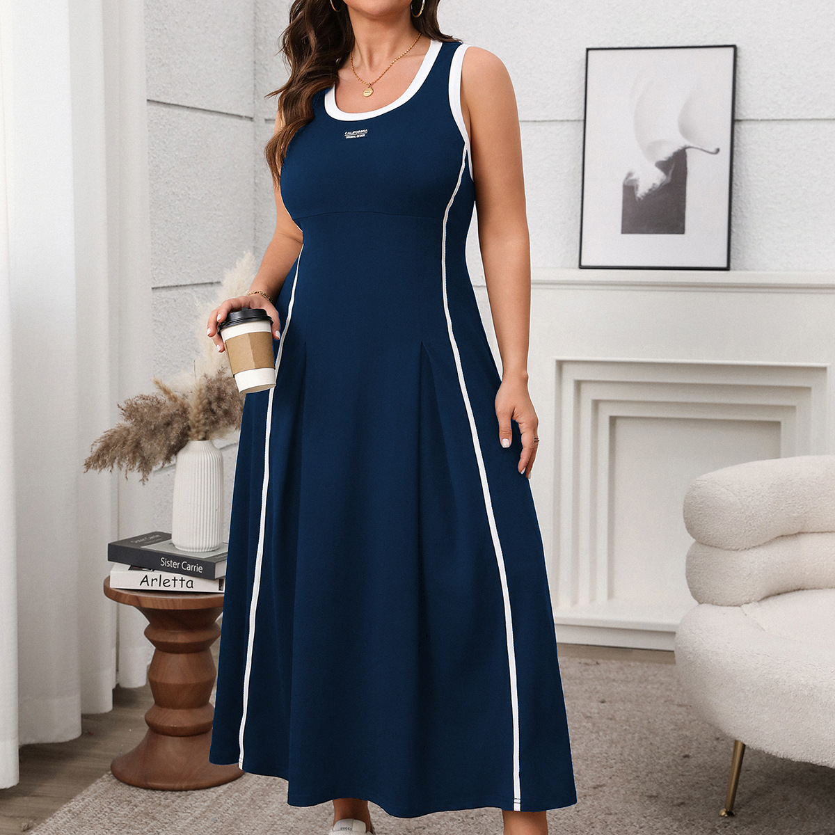 Contrast Trim Sleeveless A-Line Maxi Dress | Curvy Women's Casual Sporty Dress