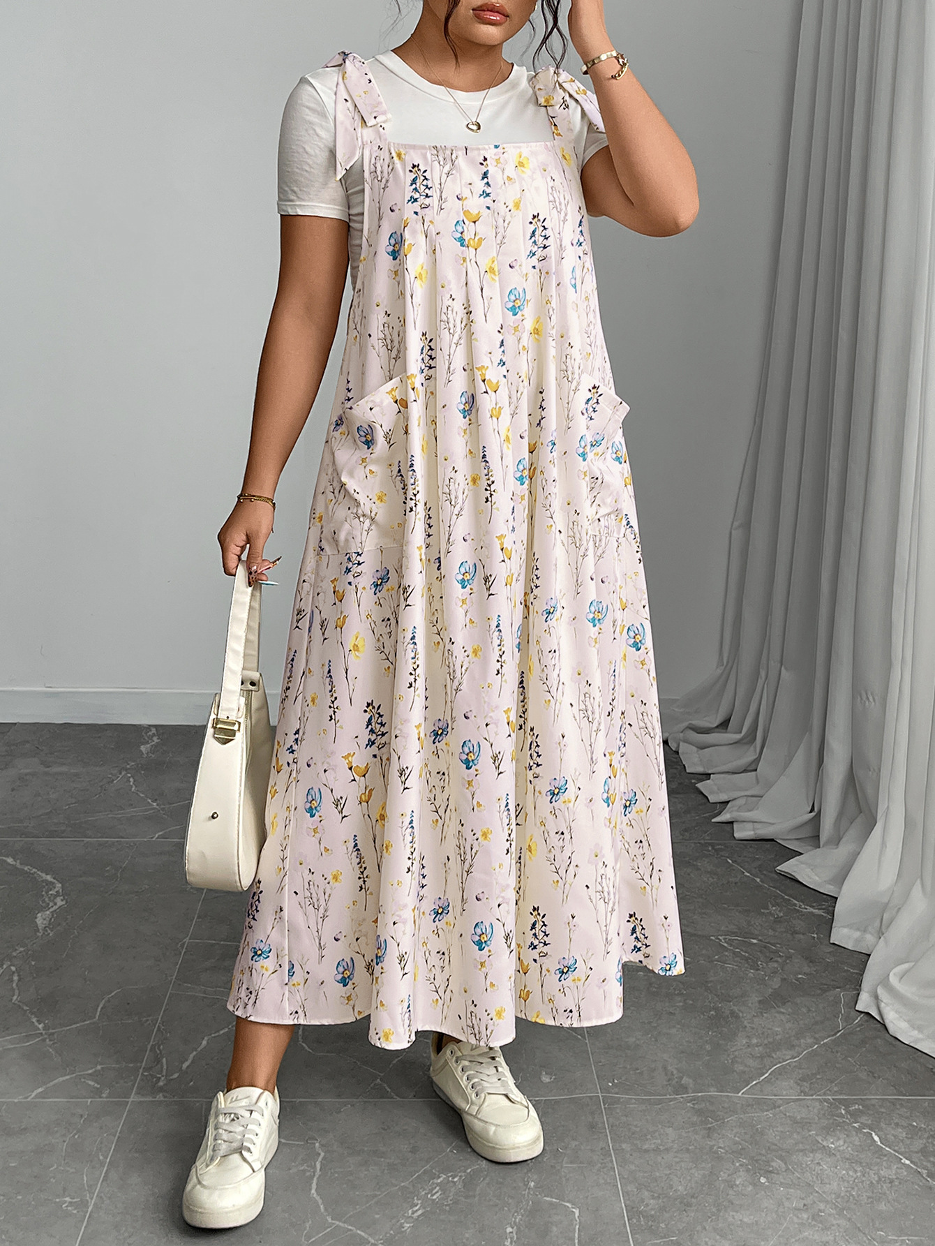Tie Shoulder Pleated Maxi Pinafore Dress | Year-Round Casual Loose Fit Curvy Overall Dress