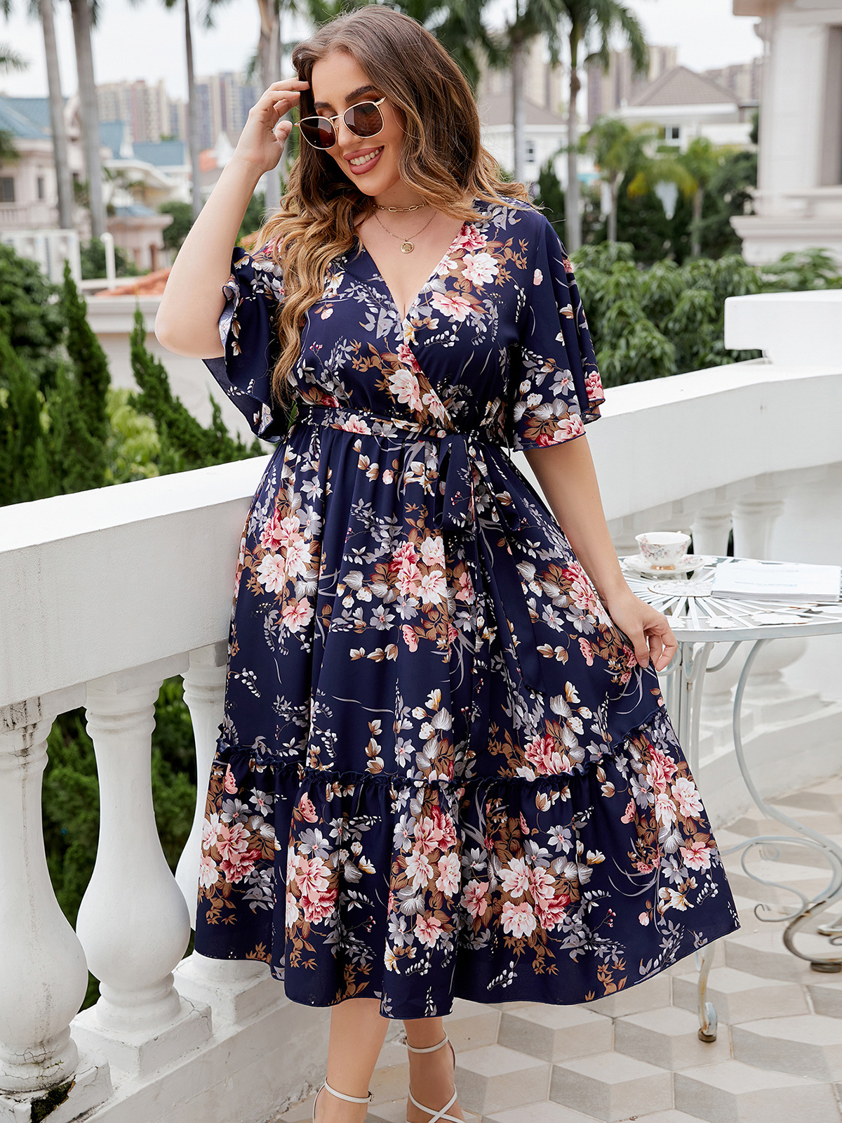 Floral Print Wrap V-Neck Ruffle Hem Midi Dress | 2025 Spring Summer Boho Curvy Dress
