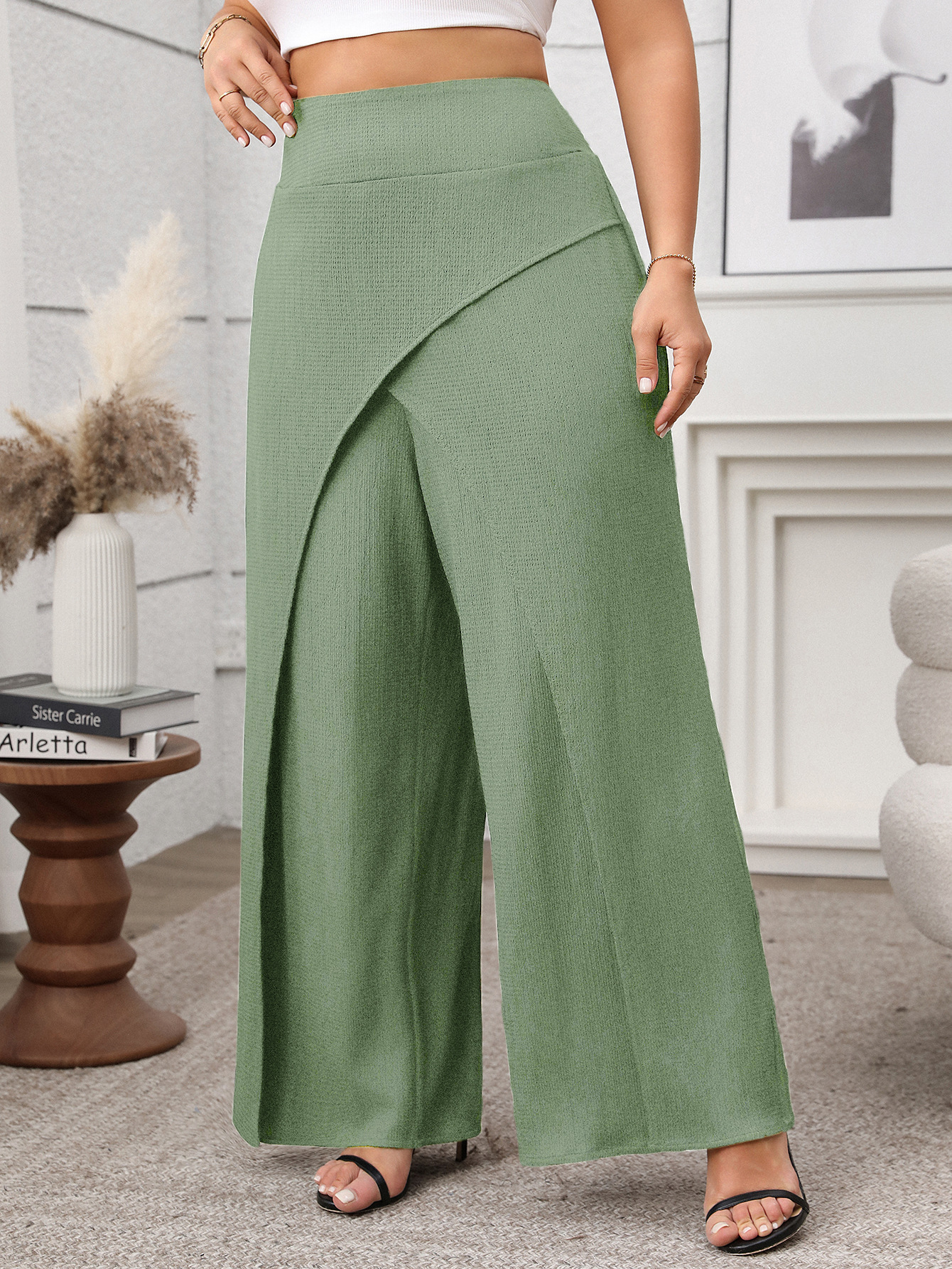High Waisted Crisscross Front Slit Wide Leg Pants | Curvy Women's Flowy Palazzo Trousers